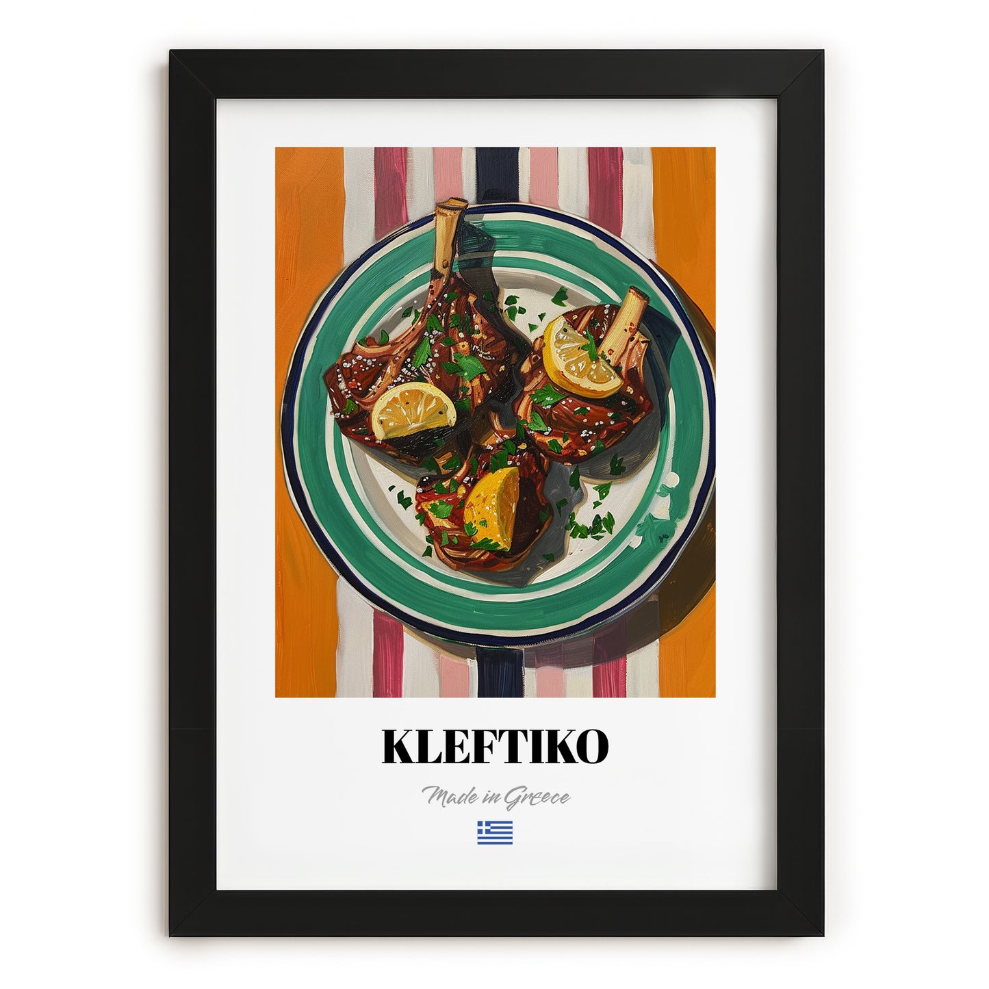 Kleftiko – on Striped Tablecloth, Greek Food Illustration, in sleek black frame