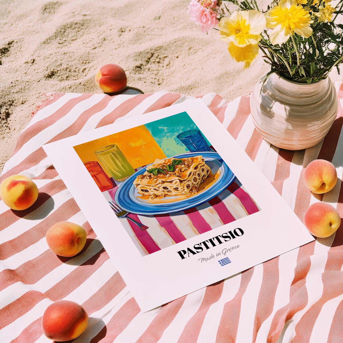 Pastitsio – Colorful Oil Painting, Greek Pasta Still Life, unframed on coastal sand