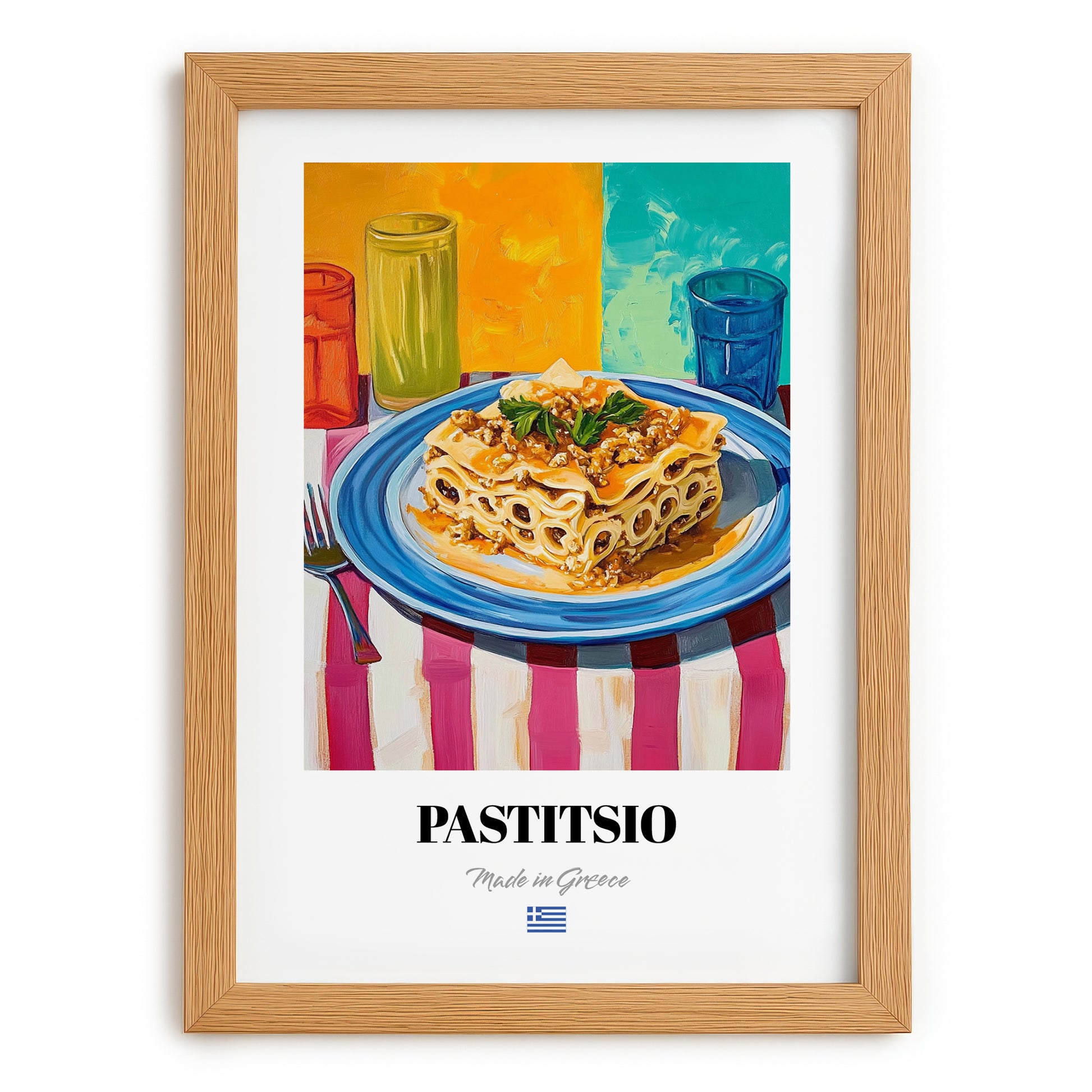 Pastitsio – Colorful Oil Painting, Greek Pasta Still Life, set in oak frame