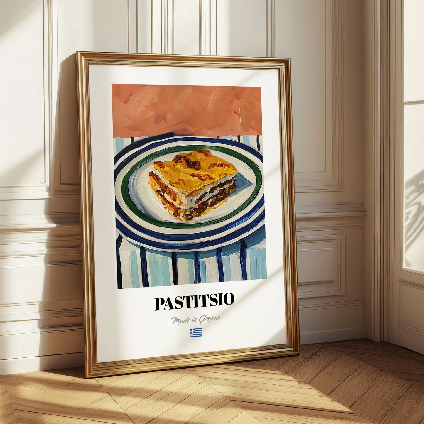 Pastitsio – on Striped Tablecloth, Greek Pasta Wall Art 