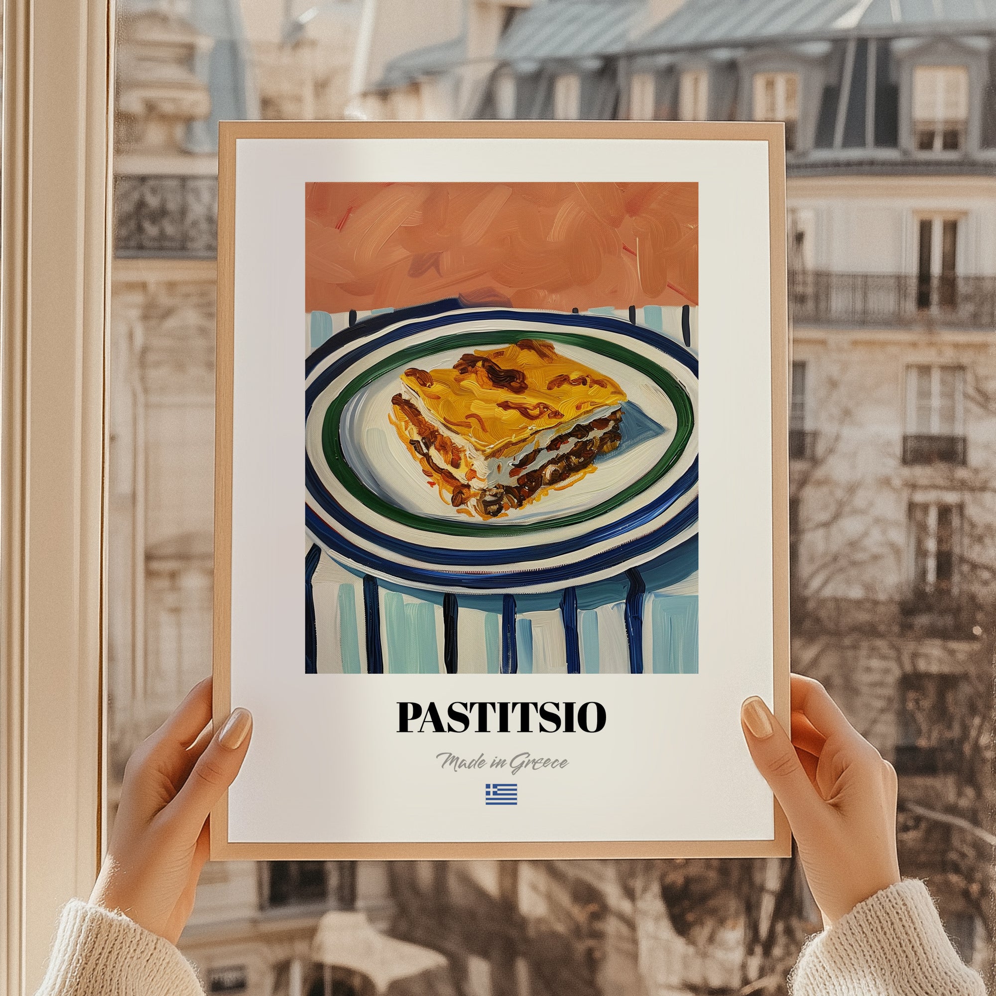 Pastitsio – on Striped Tablecloth, Greek Pasta Wall Art, styled in a charming Paris street view