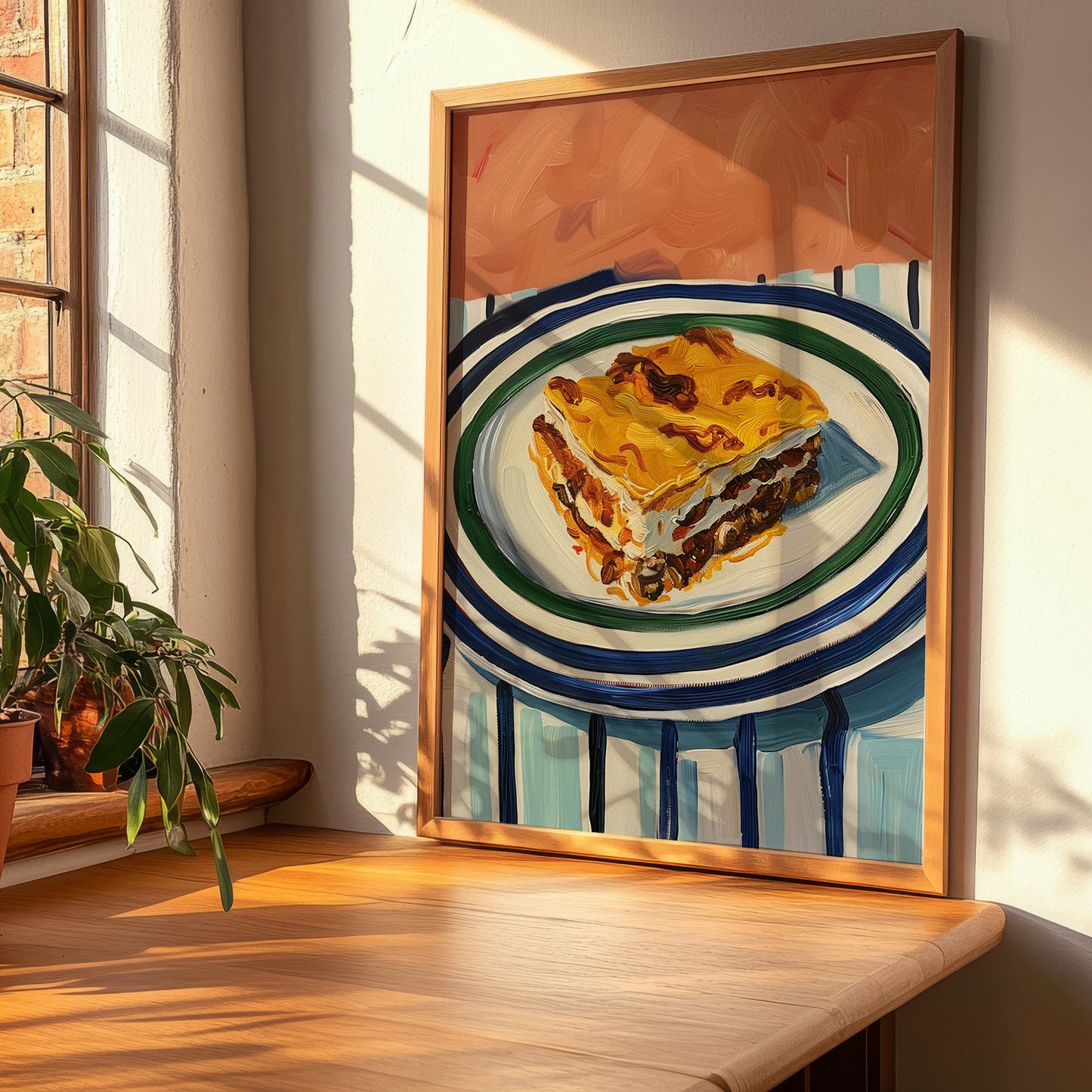 Pastitsio – on Striped Tablecloth, Greek Pasta Wall Art, clean layout with no caption