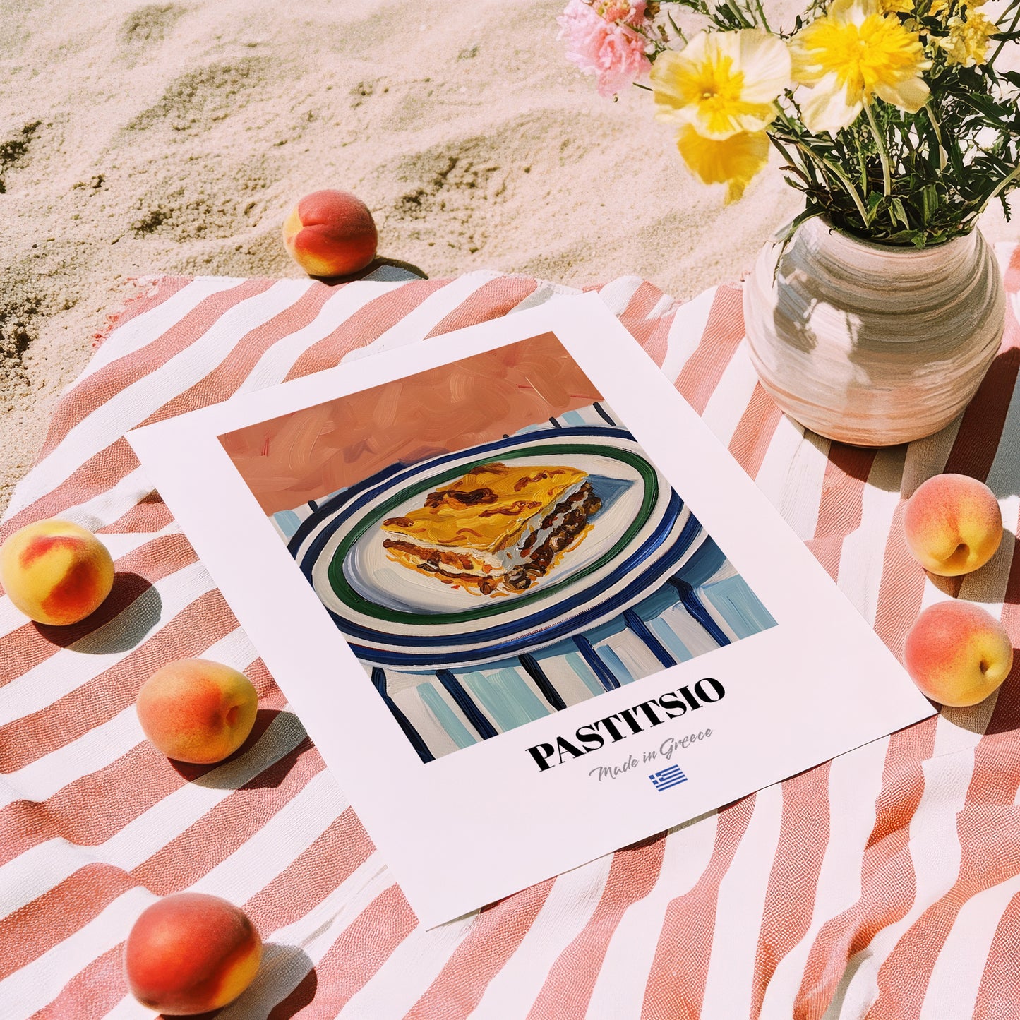 Pastitsio – on Striped Tablecloth, Greek Pasta Wall Art, unframed on coastal sand