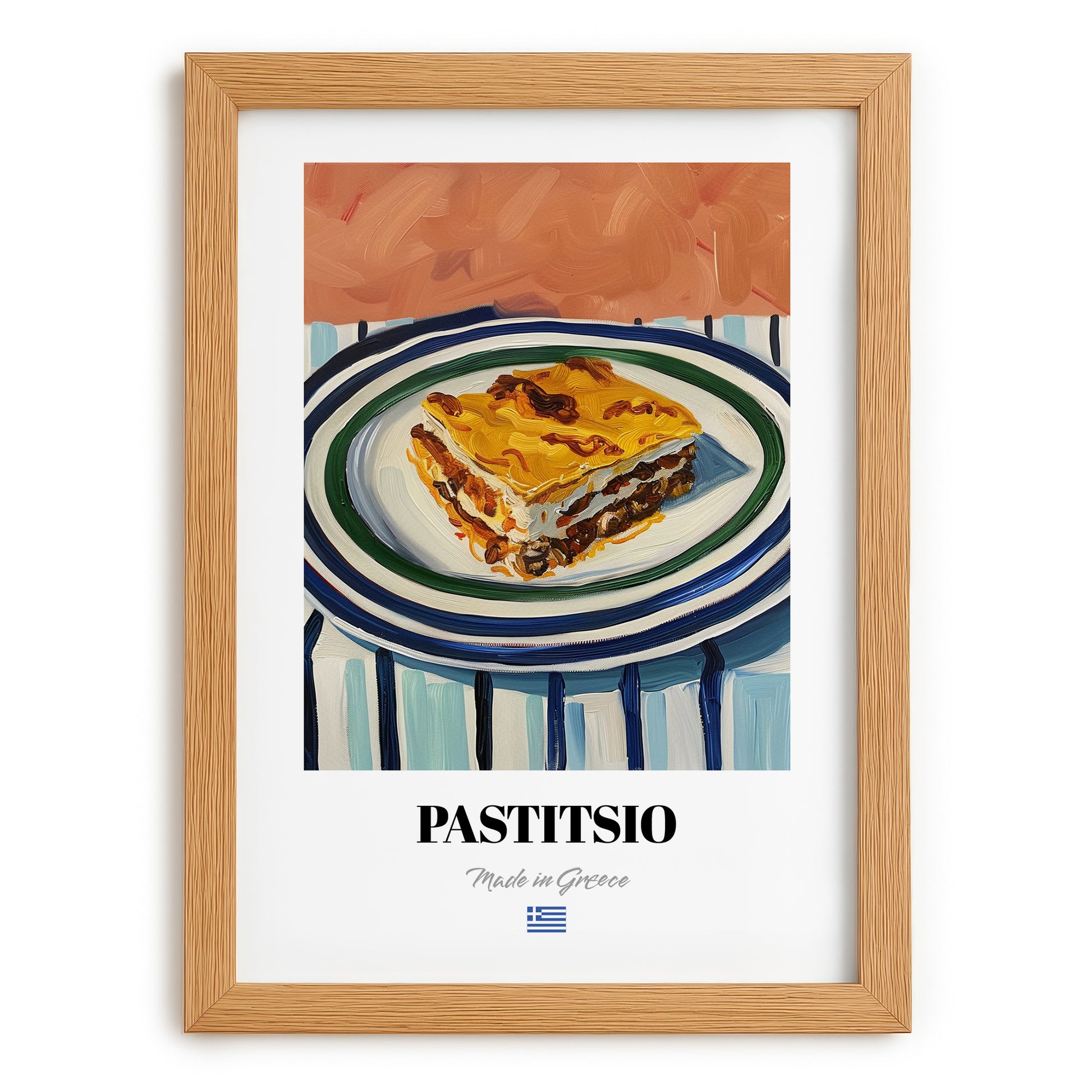 Pastitsio – on Striped Tablecloth, Greek Pasta Wall Art, set in oak frame
