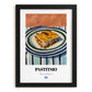Pastitsio – on Striped Tablecloth, Greek Pasta Wall Art, in sleek black frame