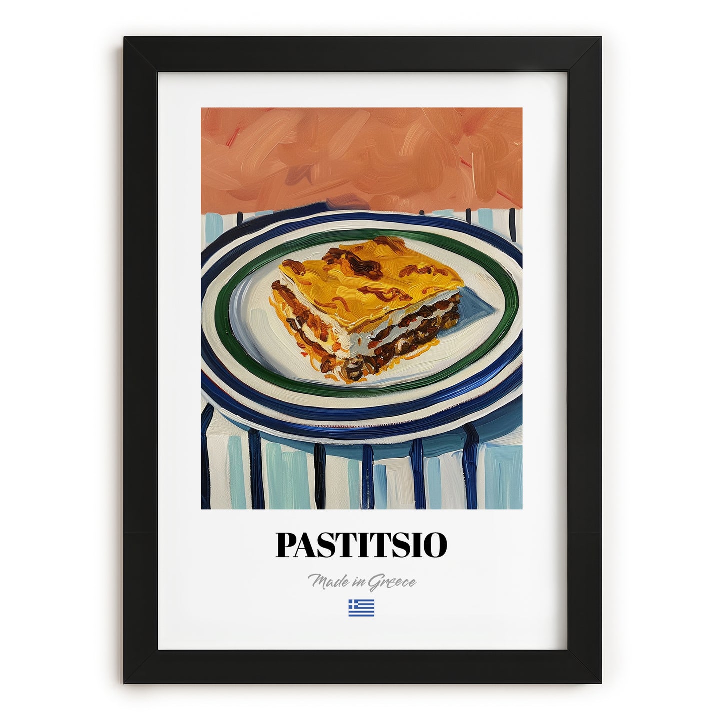 Pastitsio – on Striped Tablecloth, Greek Pasta Wall Art, in sleek black frame