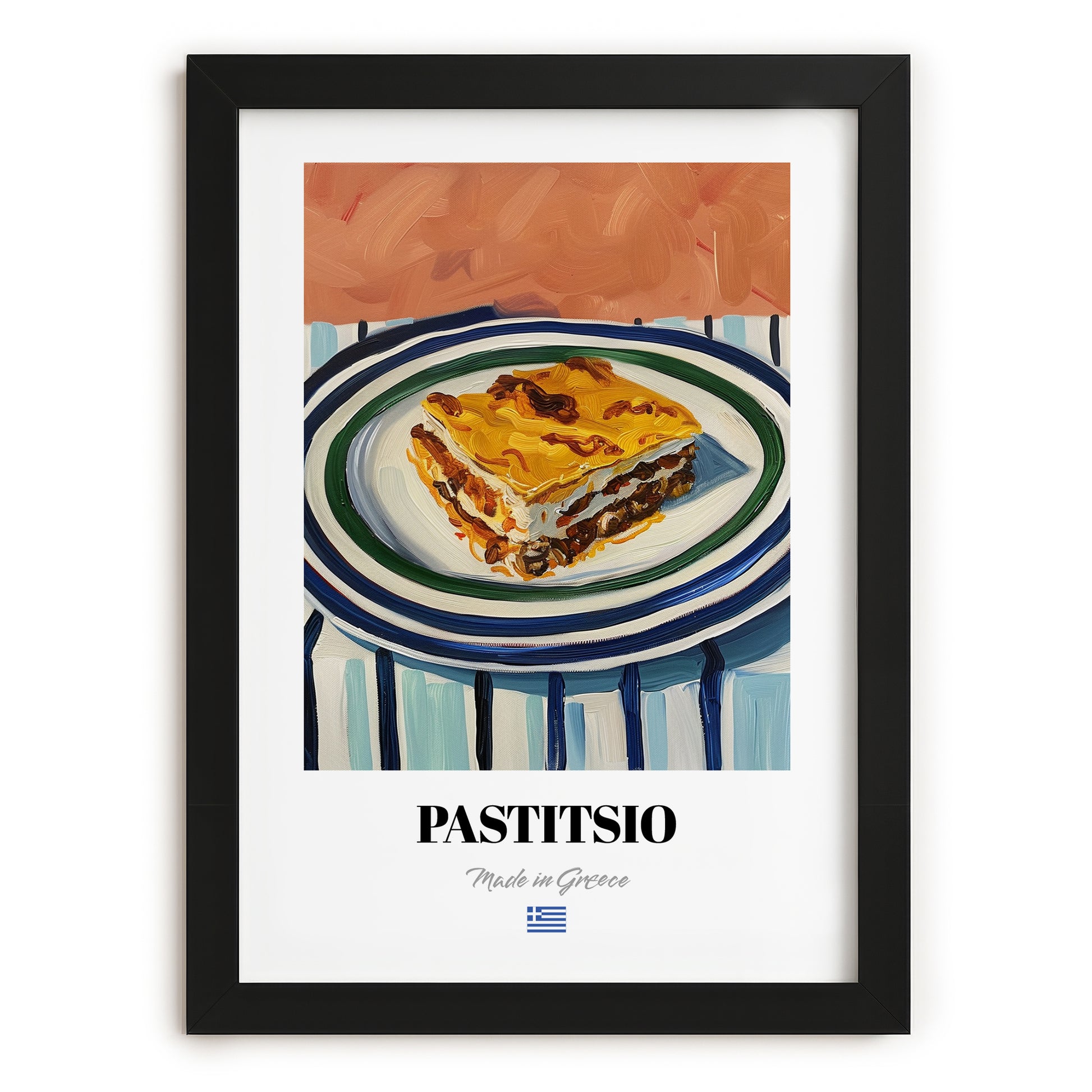 Pastitsio – on Striped Tablecloth, Greek Pasta Wall Art, in sleek black frame