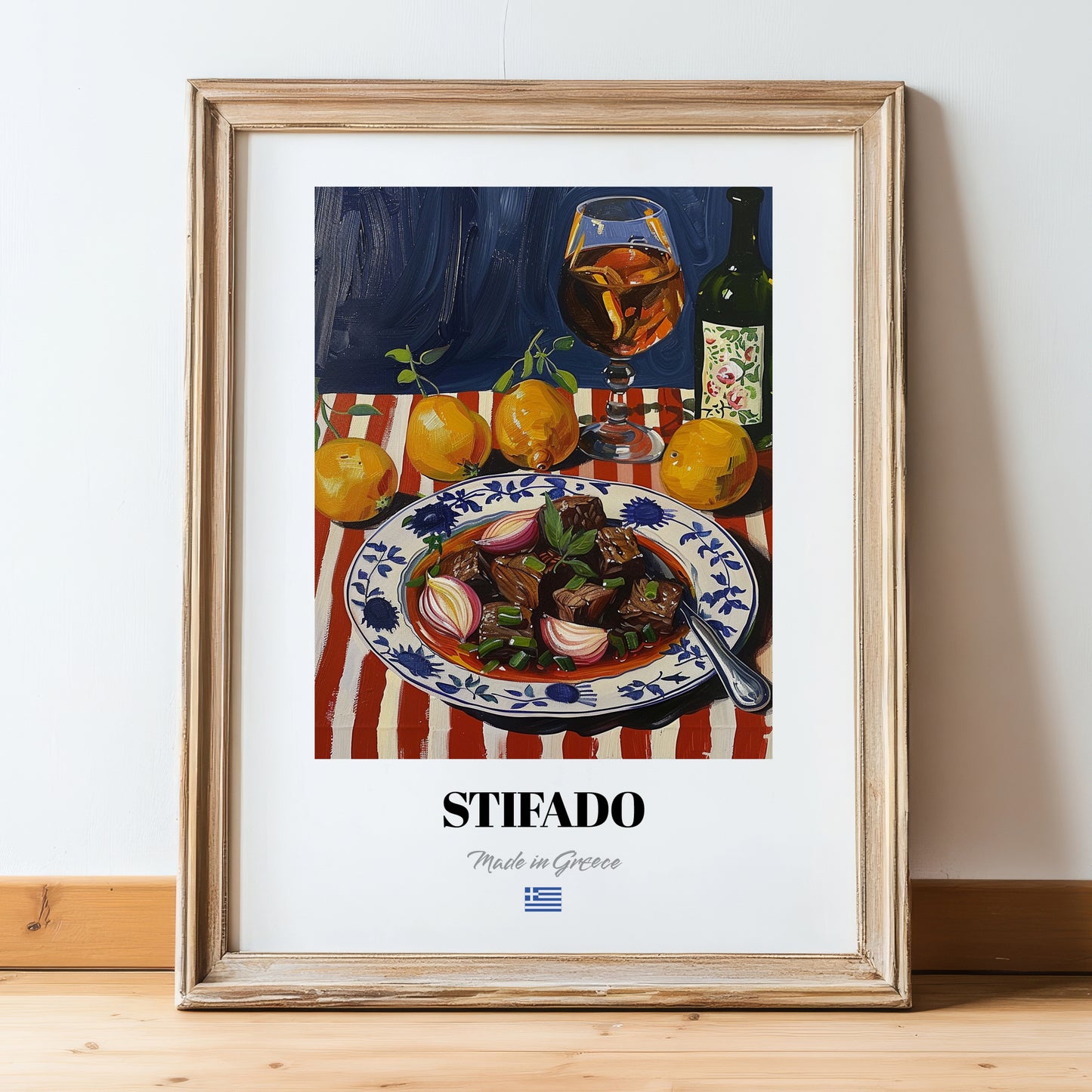 Stifado – Colorful Oil Painting, Greek Food Art, in wooden frame leaning on the floor