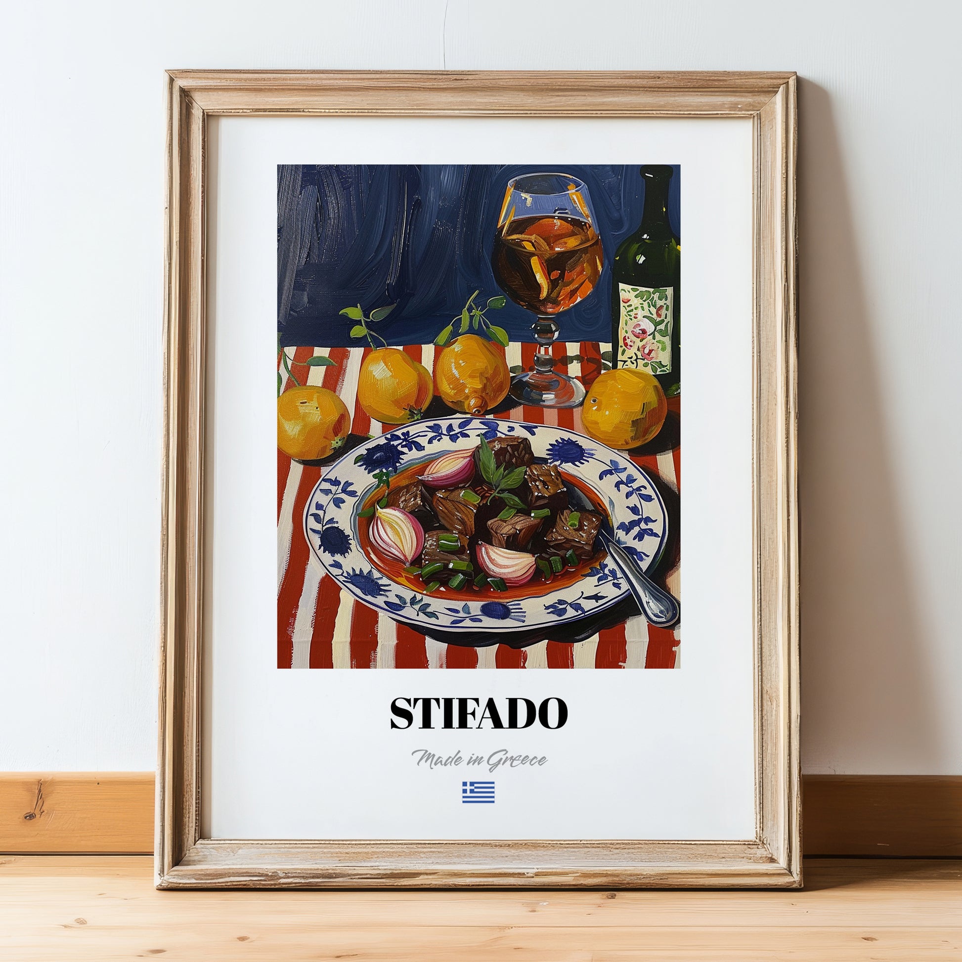 Stifado – Colorful Oil Painting, Greek Food Art, in wooden frame leaning on the floor