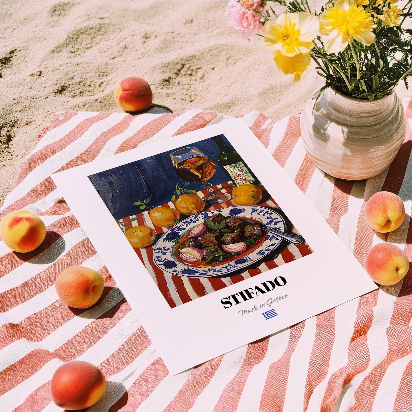 Stifado – Colorful Oil Painting, Greek Food Art, unframed on coastal sand