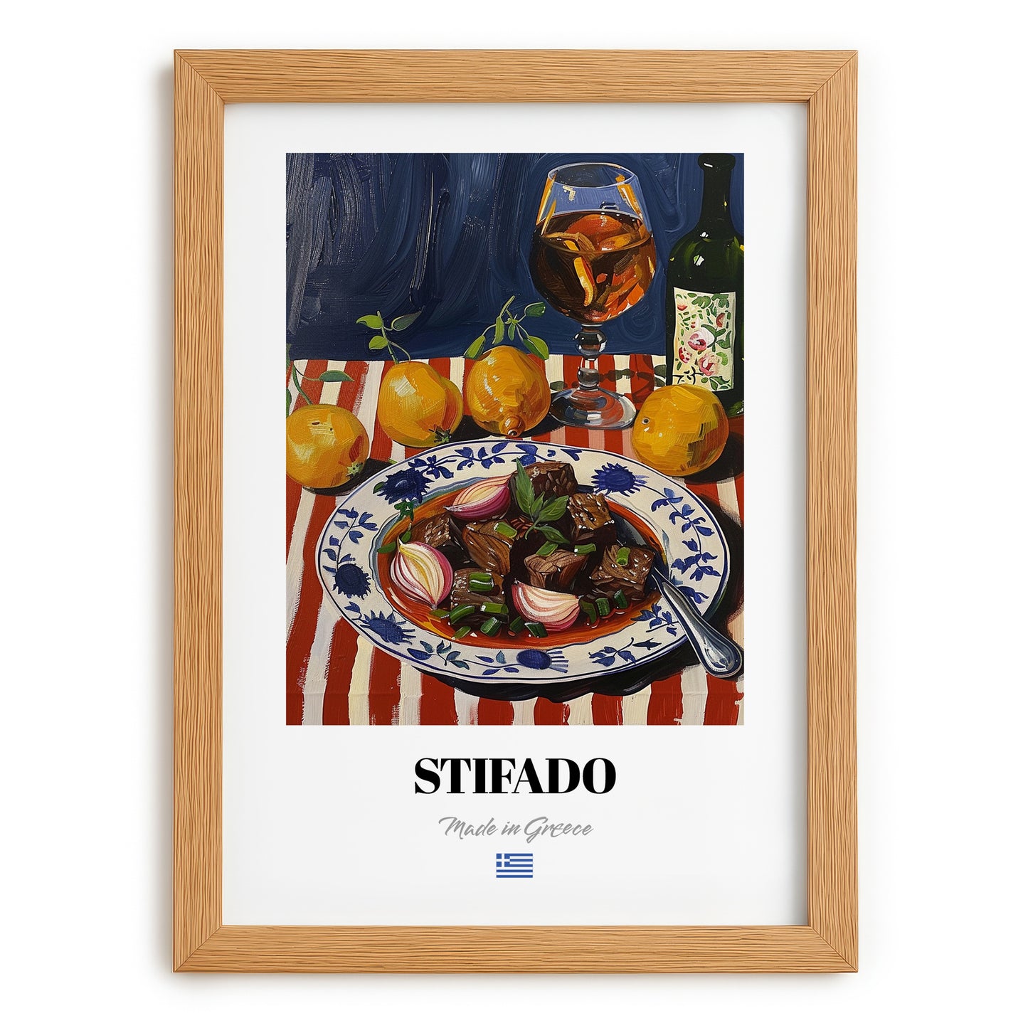 Stifado – Colorful Oil Painting, Greek Food Art, set in oak frame