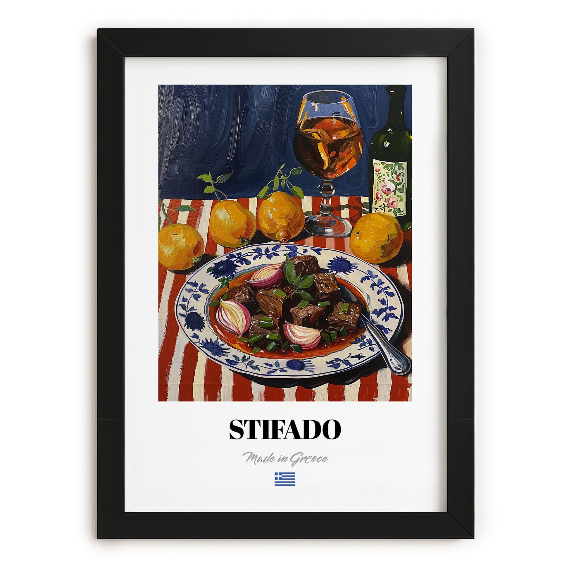 Stifado – Colorful Oil Painting, Greek Food Art, in sleek black frame