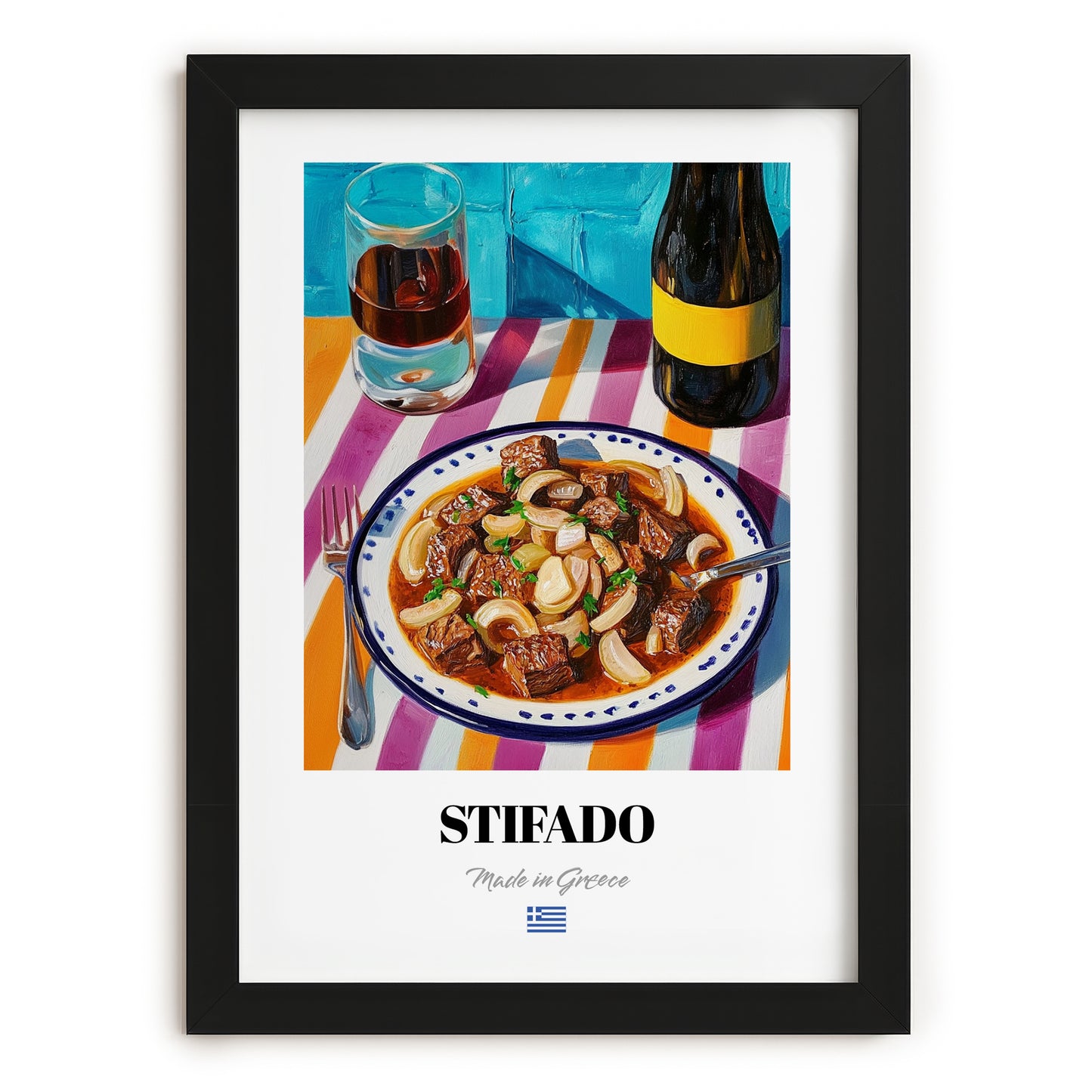 Stifado – Art, Greek Food Painting, in sleek black frame