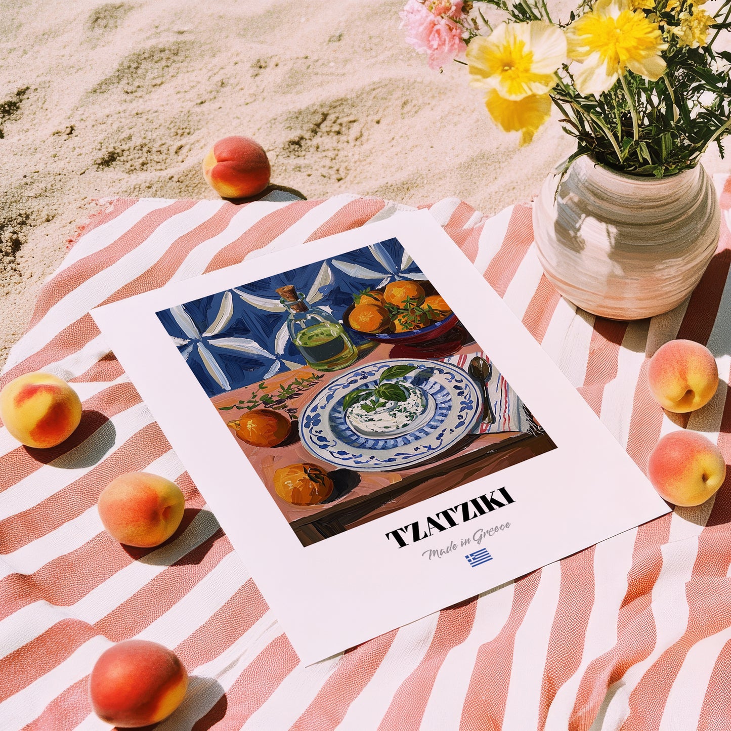 Tzatziki – Colorful Oil Painting, Greek Food Wall Art, unframed on coastal sand