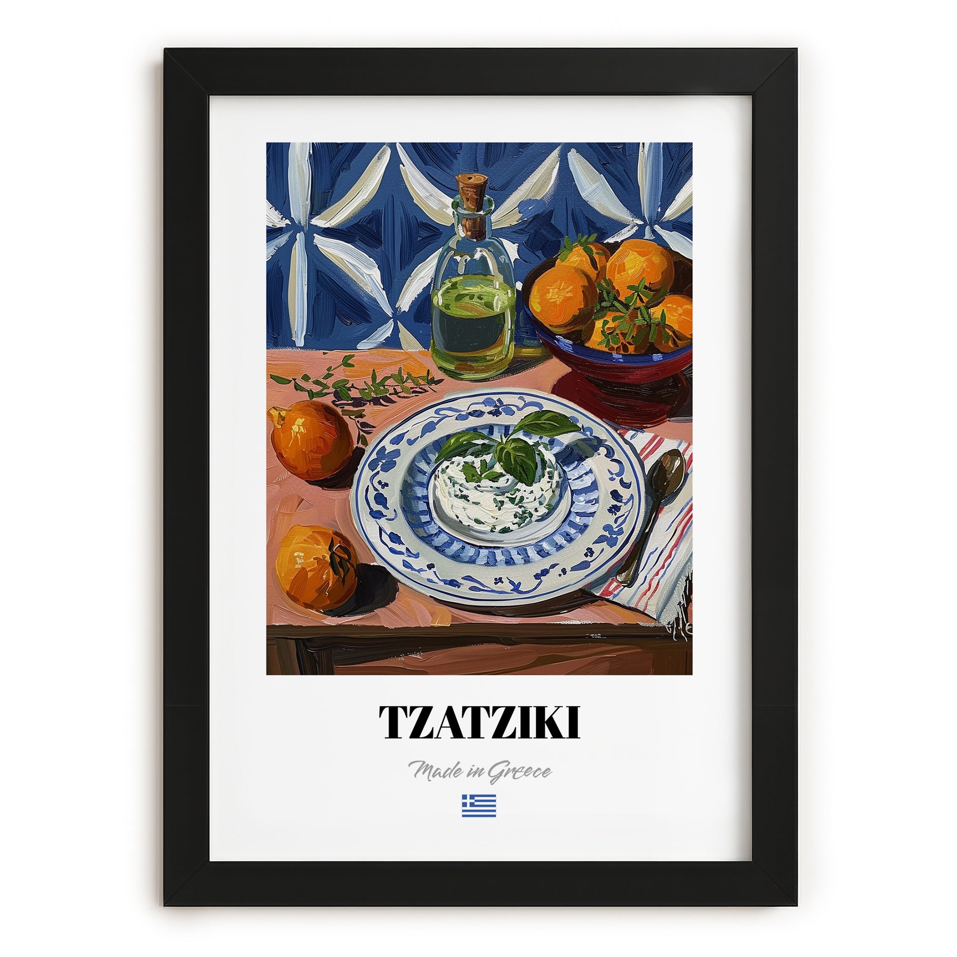 Tzatziki – Colorful Oil Painting, Greek Food Wall Art, in sleek black frame