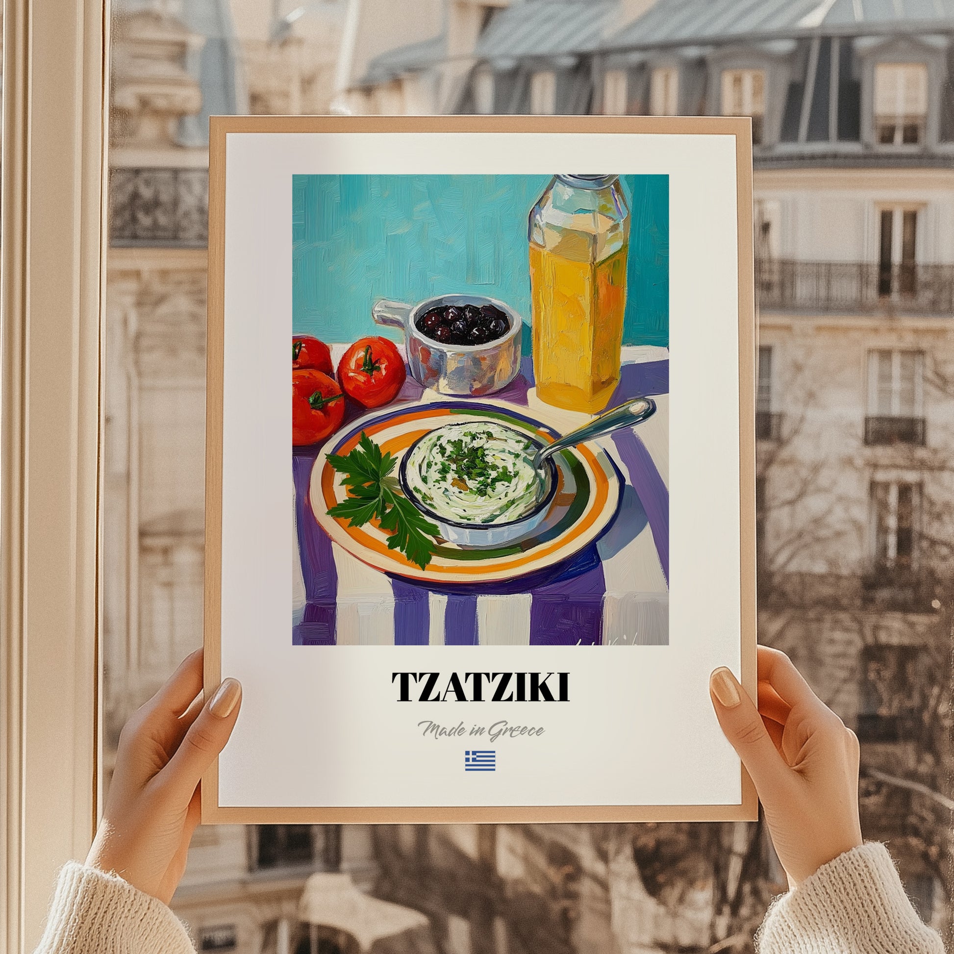 Tzatziki – Colorful Oil Painting, Greek Food Still Life, styled in a charming Paris street view