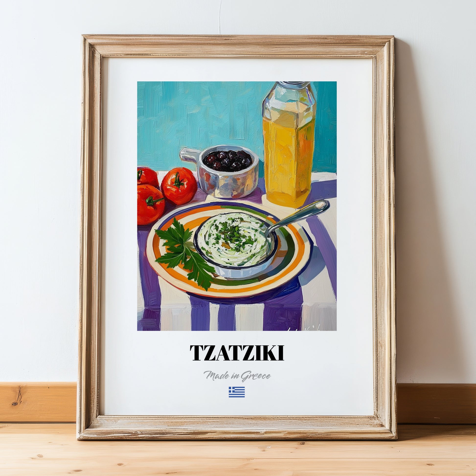 Tzatziki – Colorful Oil Painting, Greek Food Still Life, in wooden frame leaning on the floor