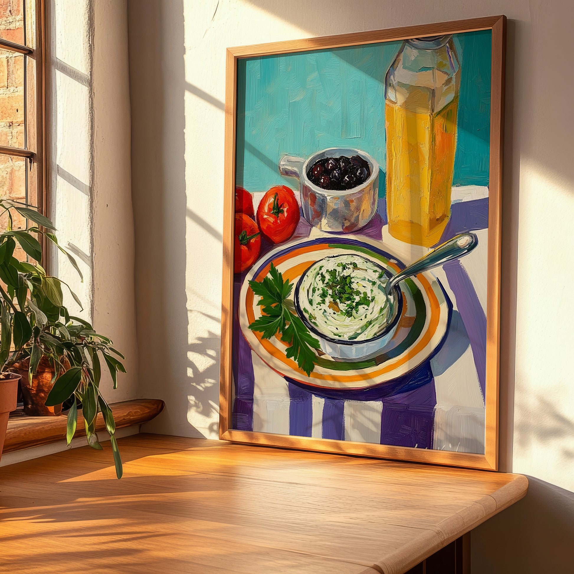 Tzatziki – Colorful Oil Painting, Greek Food Still Life, clean layout with no caption