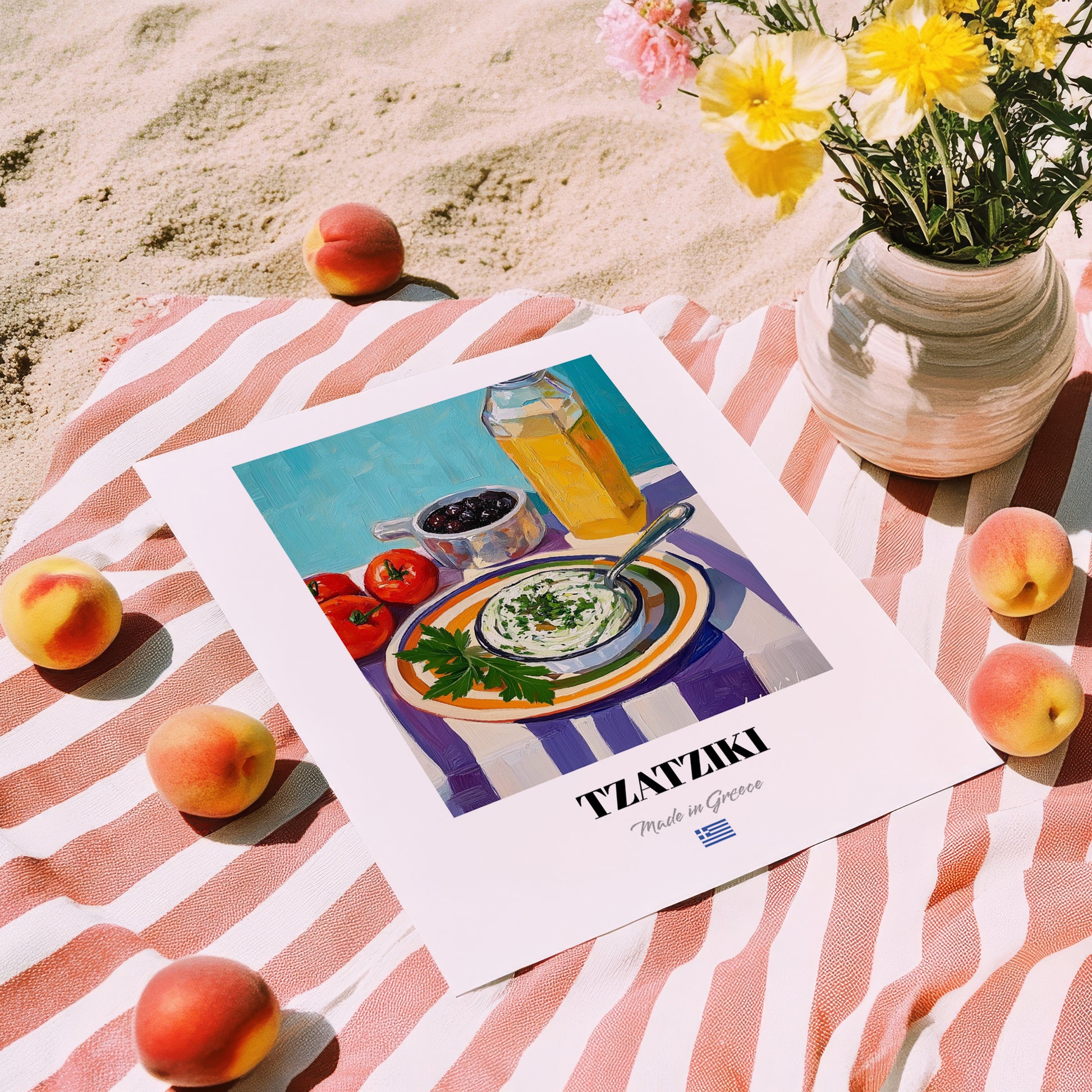 Tzatziki – Colorful Oil Painting, Greek Food Still Life, unframed on coastal sand