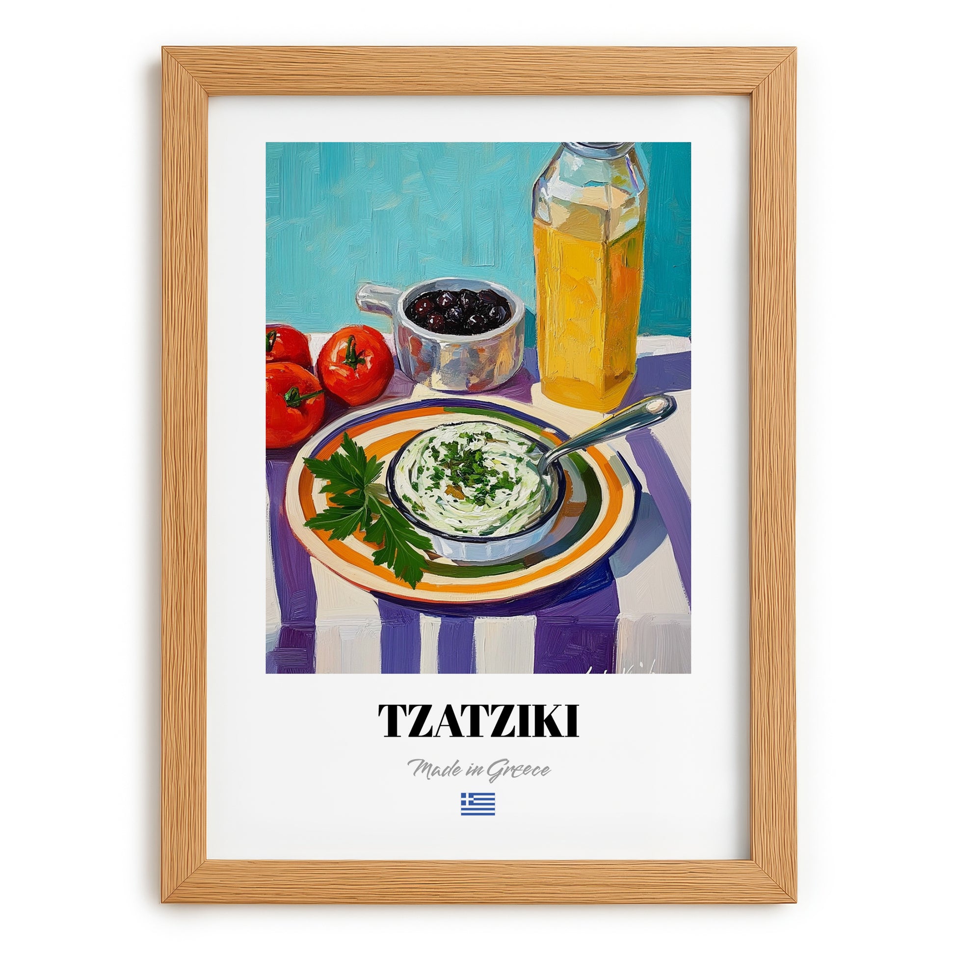 Tzatziki – Colorful Oil Painting, Greek Food Still Life, set in oak frame