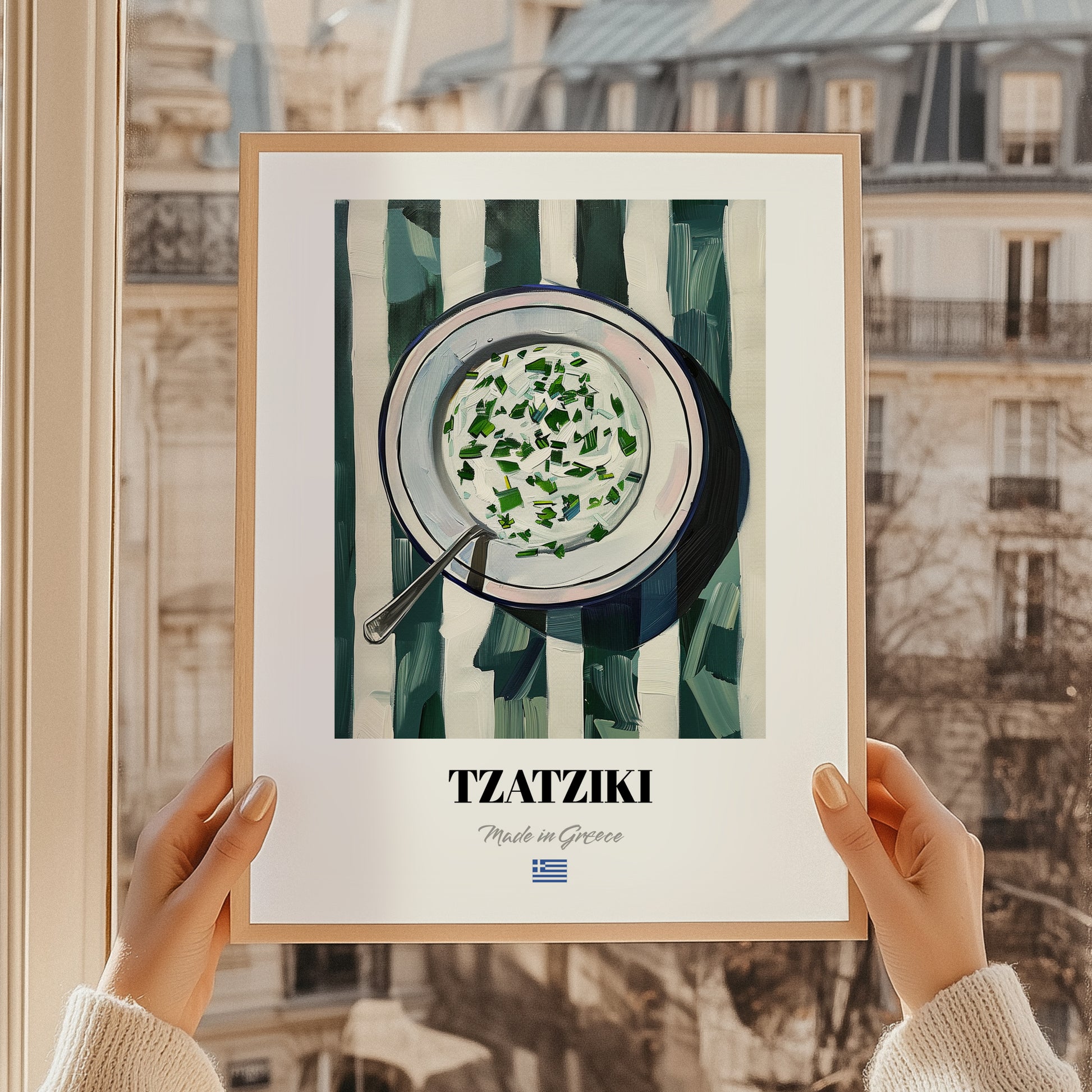 Tzatziki – on Striped Tablecloth, Greek Food Wall Illustration, styled in a charming Paris street view