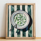 Tzatziki – on Striped Tablecloth, Greek Food Wall Illustration, no-text version framed in wood