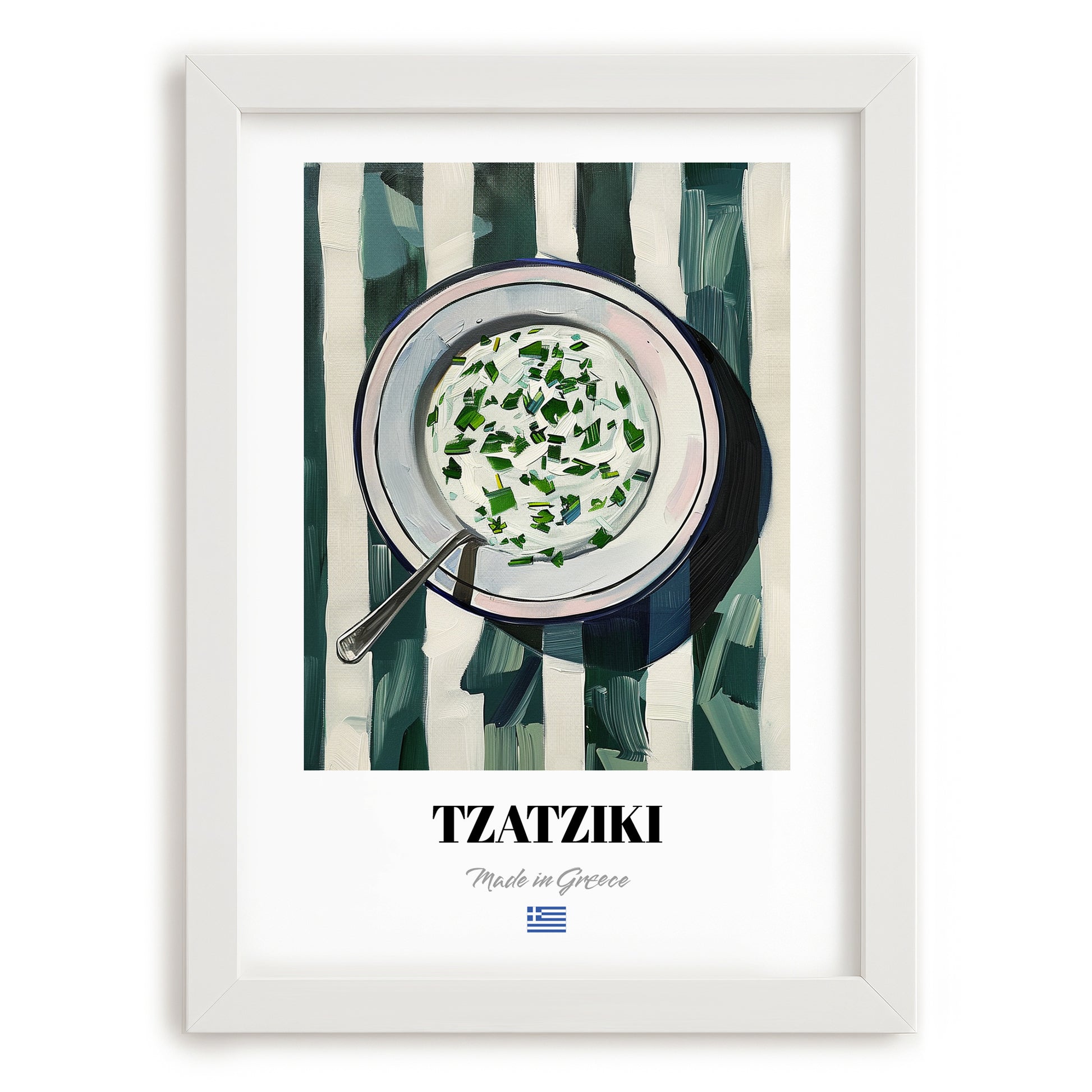 Tzatziki – on Striped Tablecloth, Greek Food Wall Illustration, placed in minimal white frame
