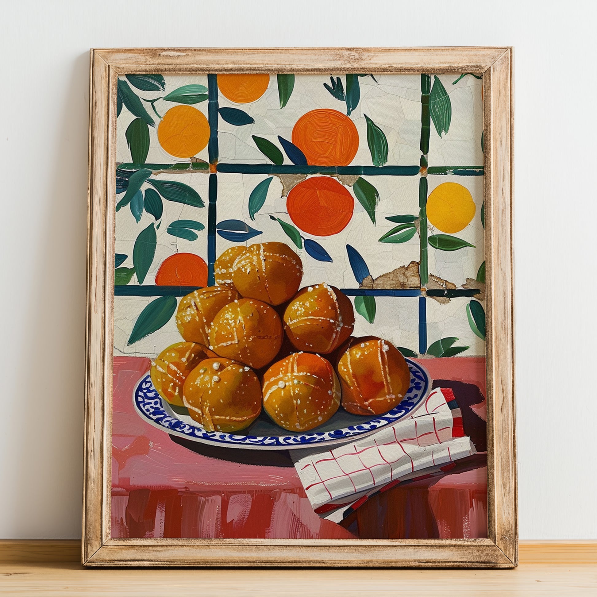 Loukoumades – Oil Painting, Greek Dessert Still Life, no-text version framed in wood