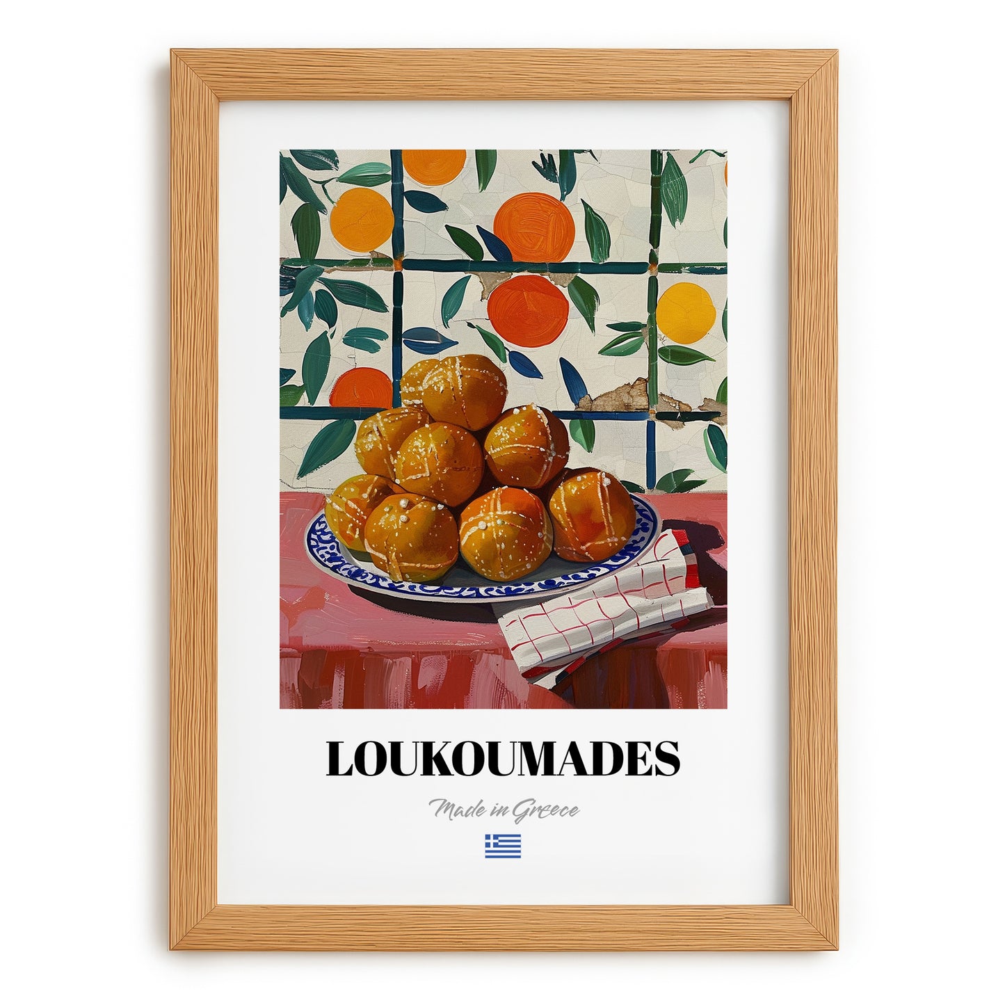 Loukoumades – Oil Painting, Greek Dessert Still Life, set in oak frame