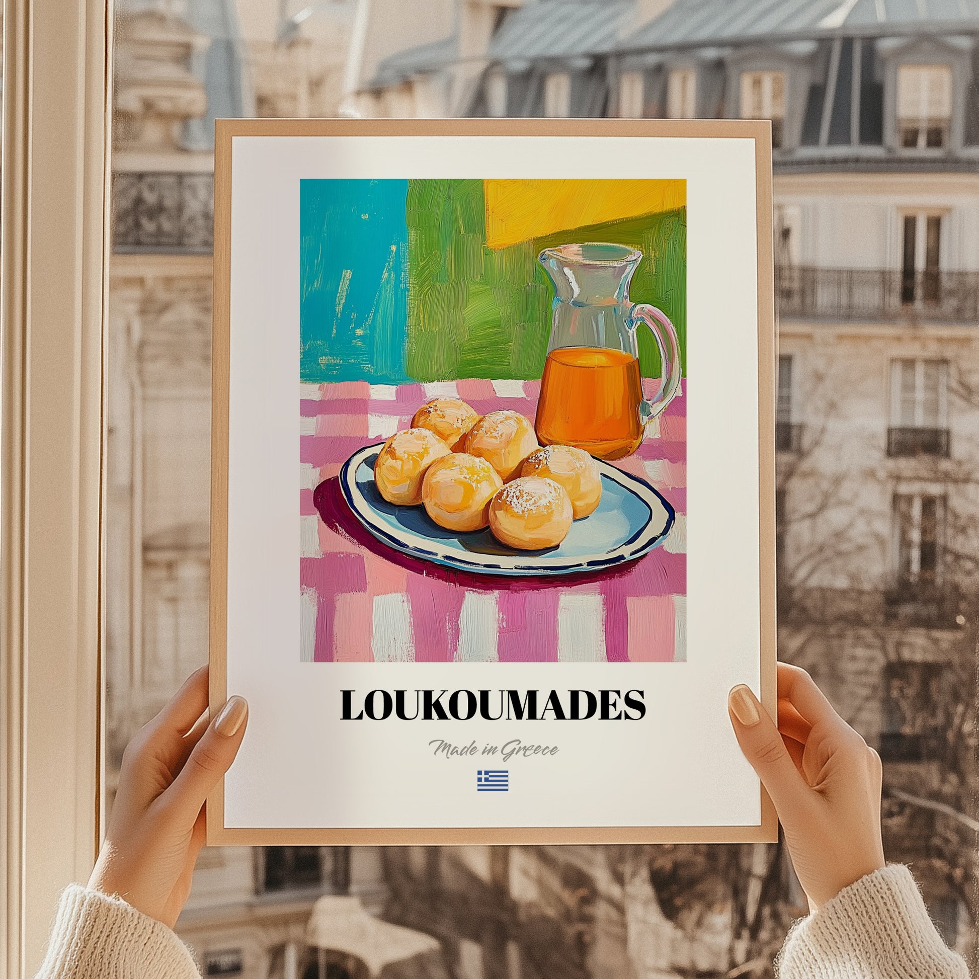 Loukoumades – Art, Greek Dessert Wall Decor, styled in a charming Paris street view