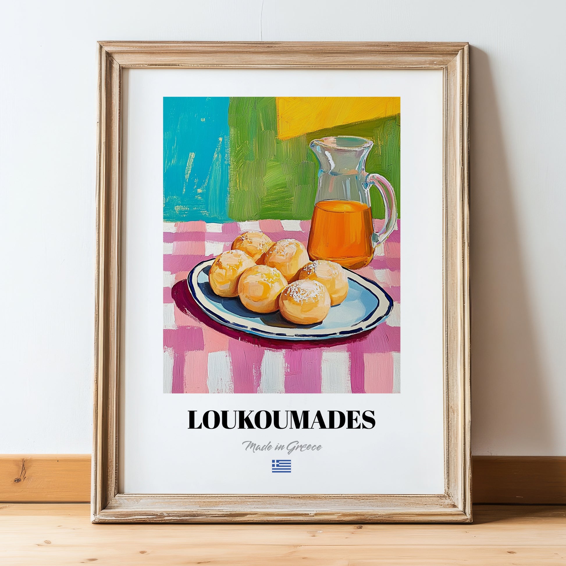 Loukoumades – Art, Greek Dessert Wall Decor, in wooden frame leaning on the floor