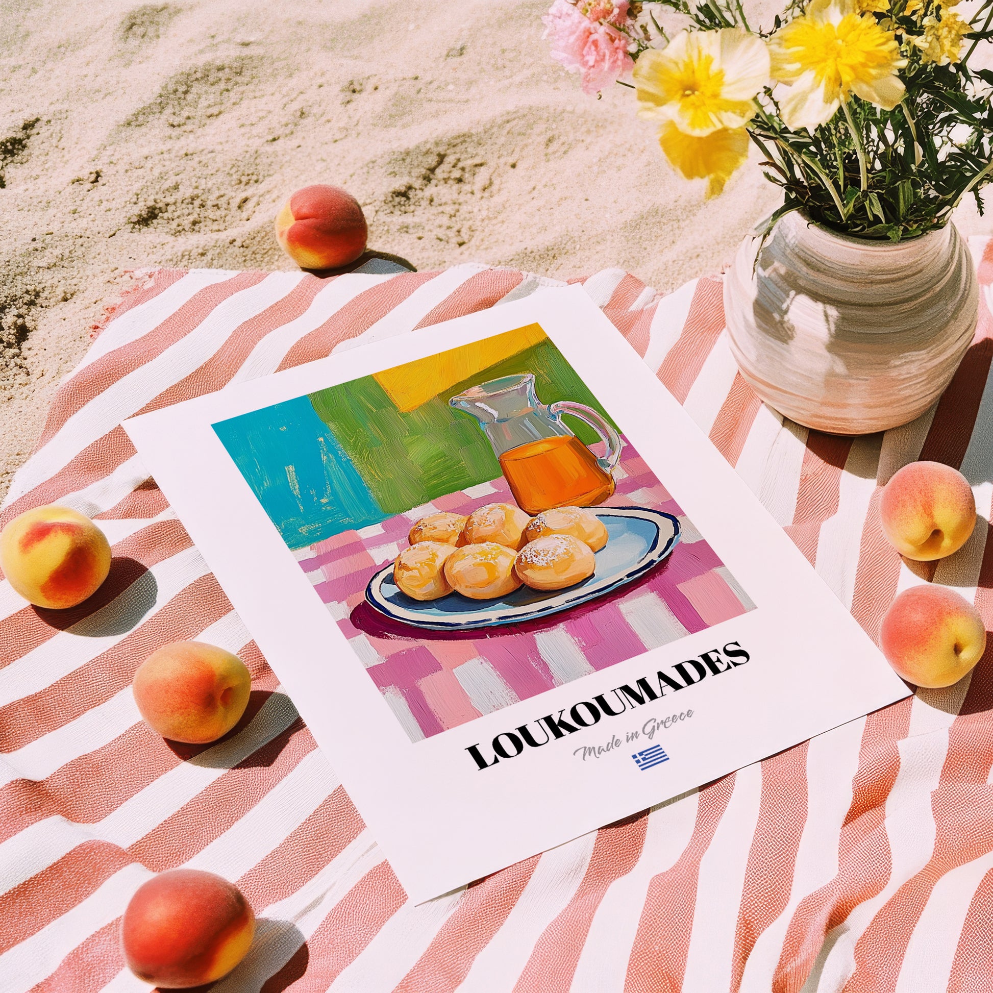 Loukoumades – Art, Greek Dessert Wall Decor, unframed on coastal sand