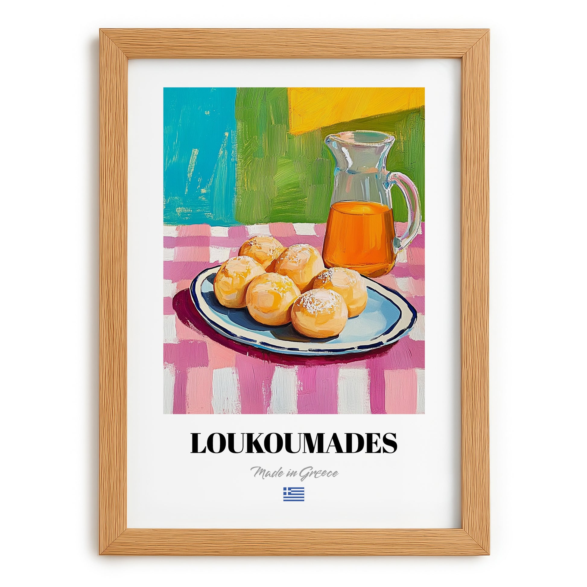 Loukoumades – Art, Greek Dessert Wall Decor, set in oak frame