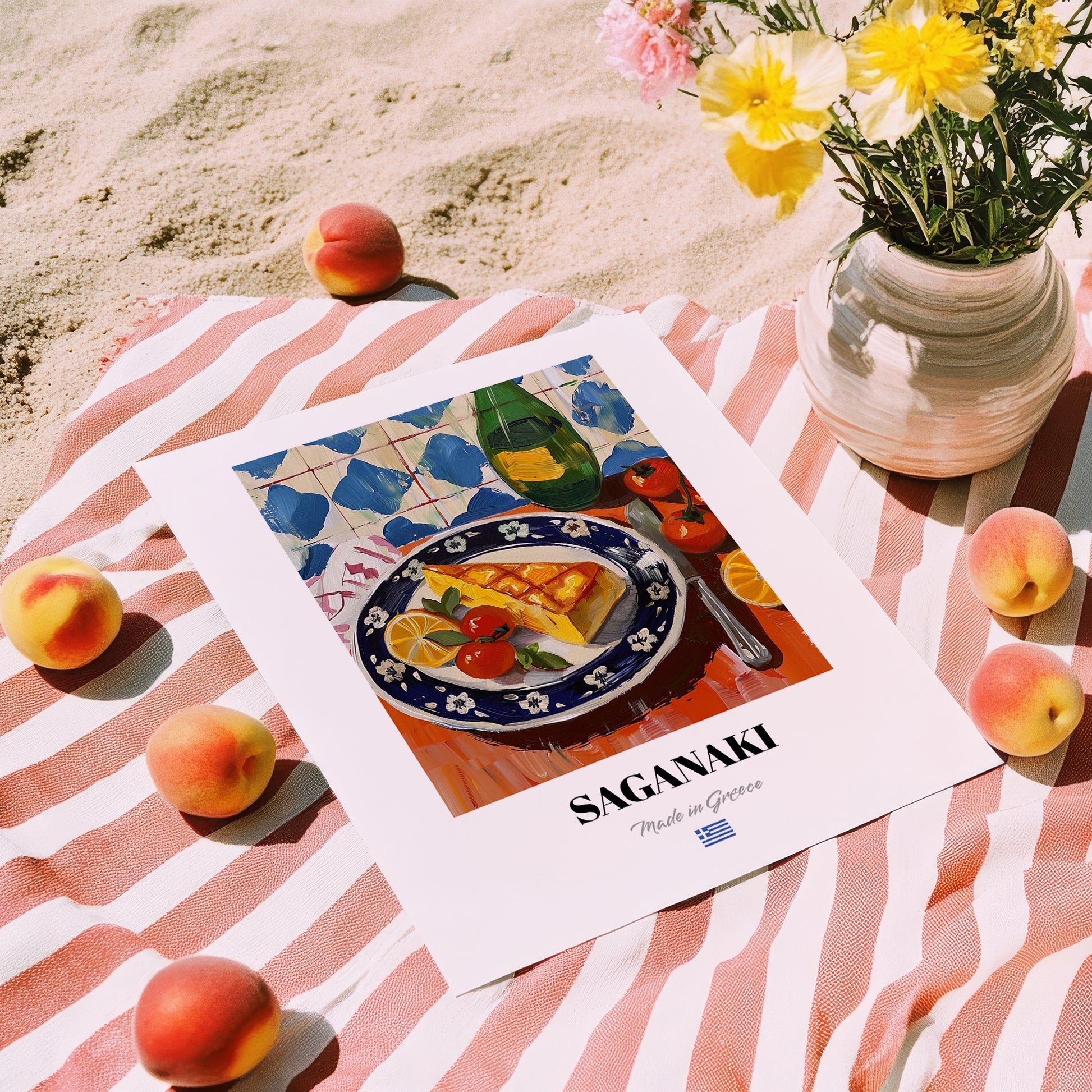 Saganaki – Oil Painting, Greek Cheese Wall Decor, unframed on coastal sand