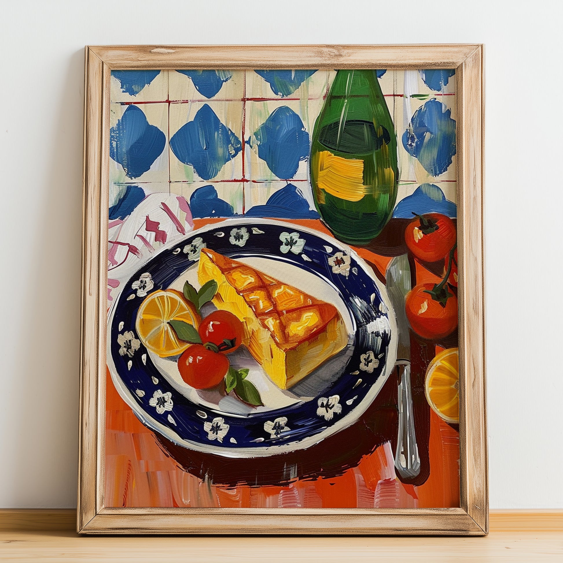 Saganaki – Oil Painting, Greek Cheese Wall Decor, no-text version framed in wood