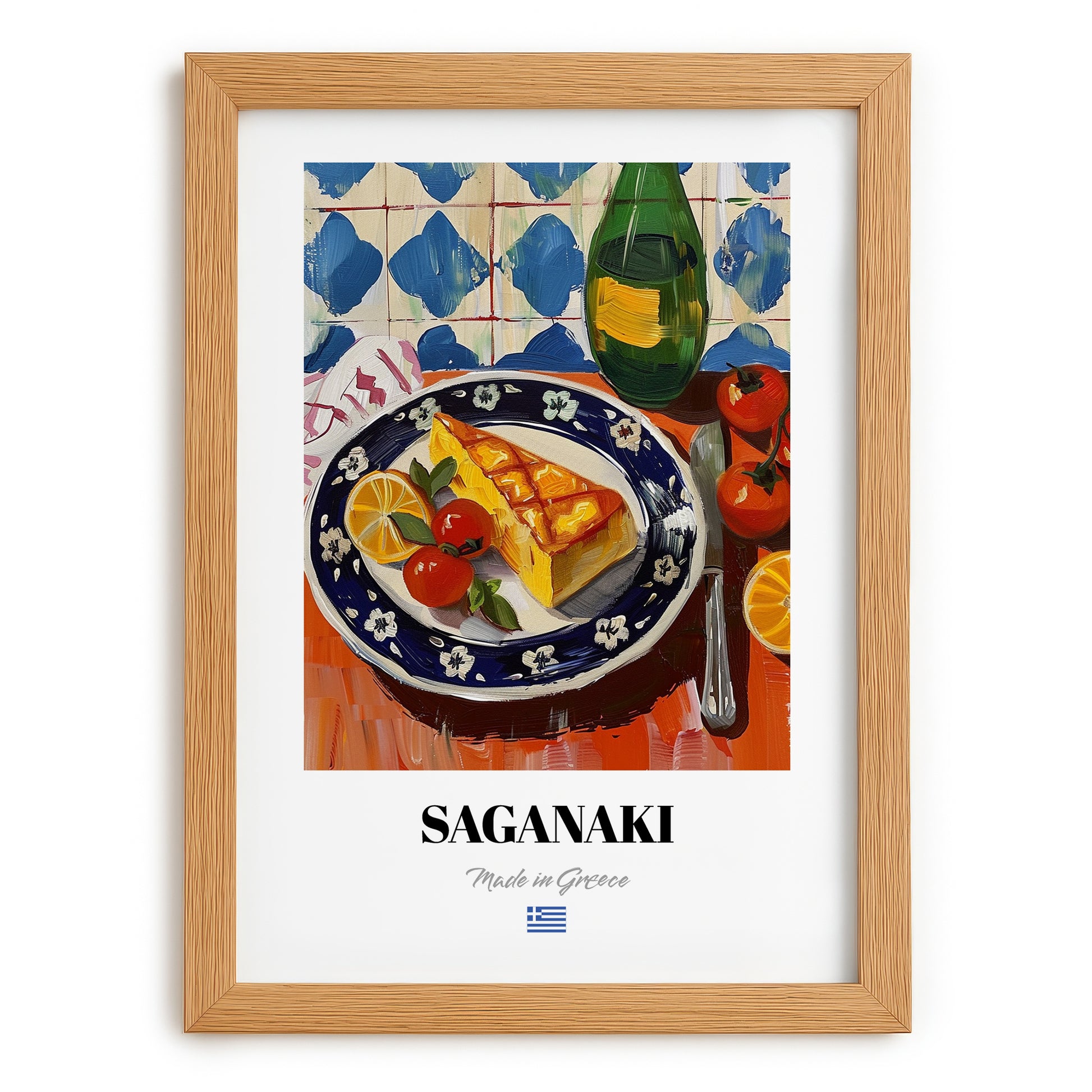 Saganaki – Oil Painting, Greek Cheese Wall Decor, set in oak frame