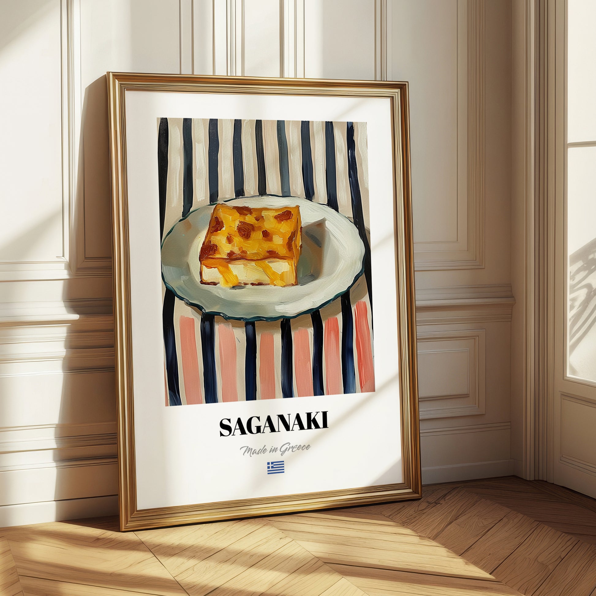 Saganaki – on Striped Tablecloth, Greek Cheese Wall Decor 