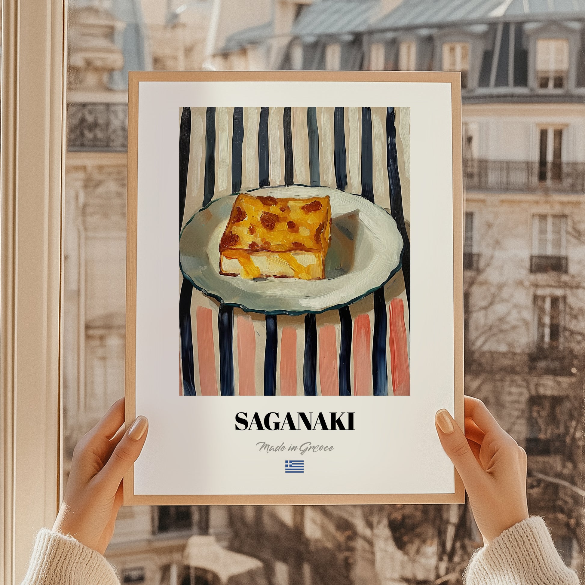Saganaki – on Striped Tablecloth, Greek Cheese Wall Decor, styled in a charming Paris street view