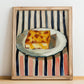 Saganaki – on Striped Tablecloth, Greek Cheese Wall Decor, no-text version framed in wood