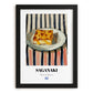 Saganaki – on Striped Tablecloth, Greek Cheese Wall Decor, in sleek black frame