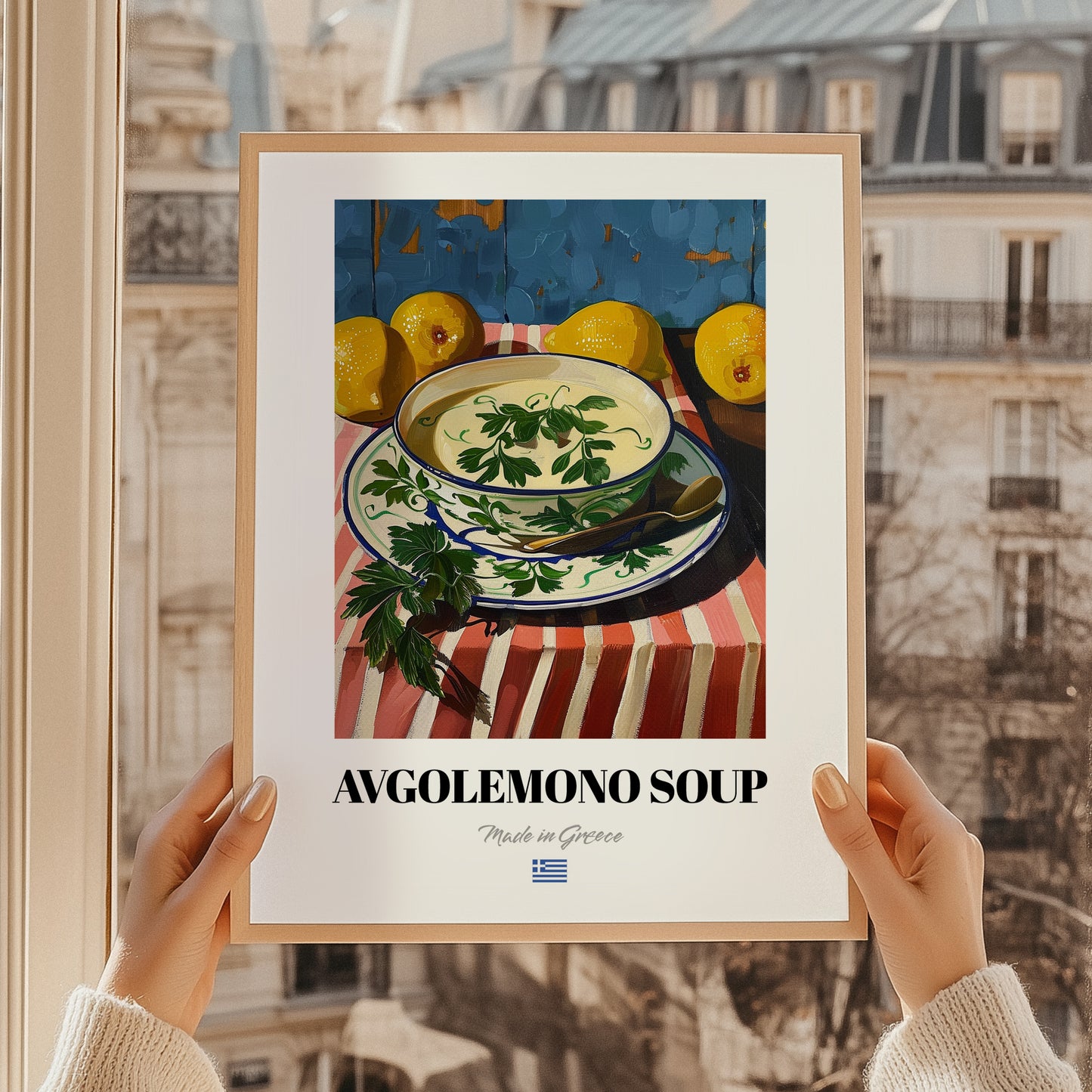 Avgolemono Soup – Oil Painting, Greek Food Still Life, styled in a charming Paris street view