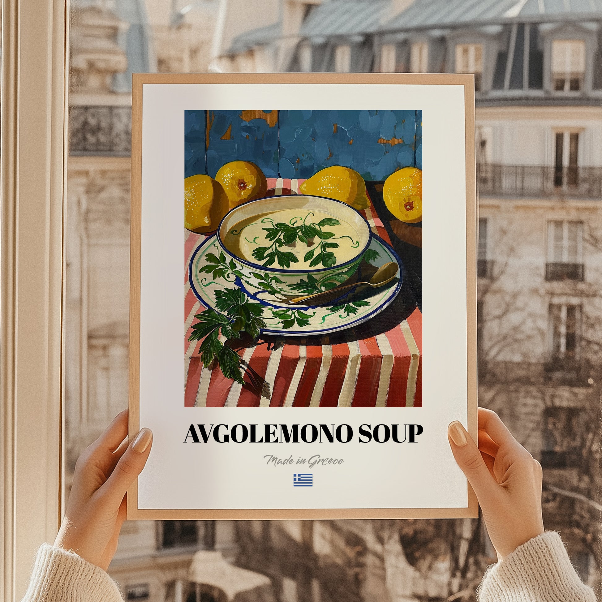 Avgolemono Soup – Oil Painting, Greek Food Still Life, styled in a charming Paris street view