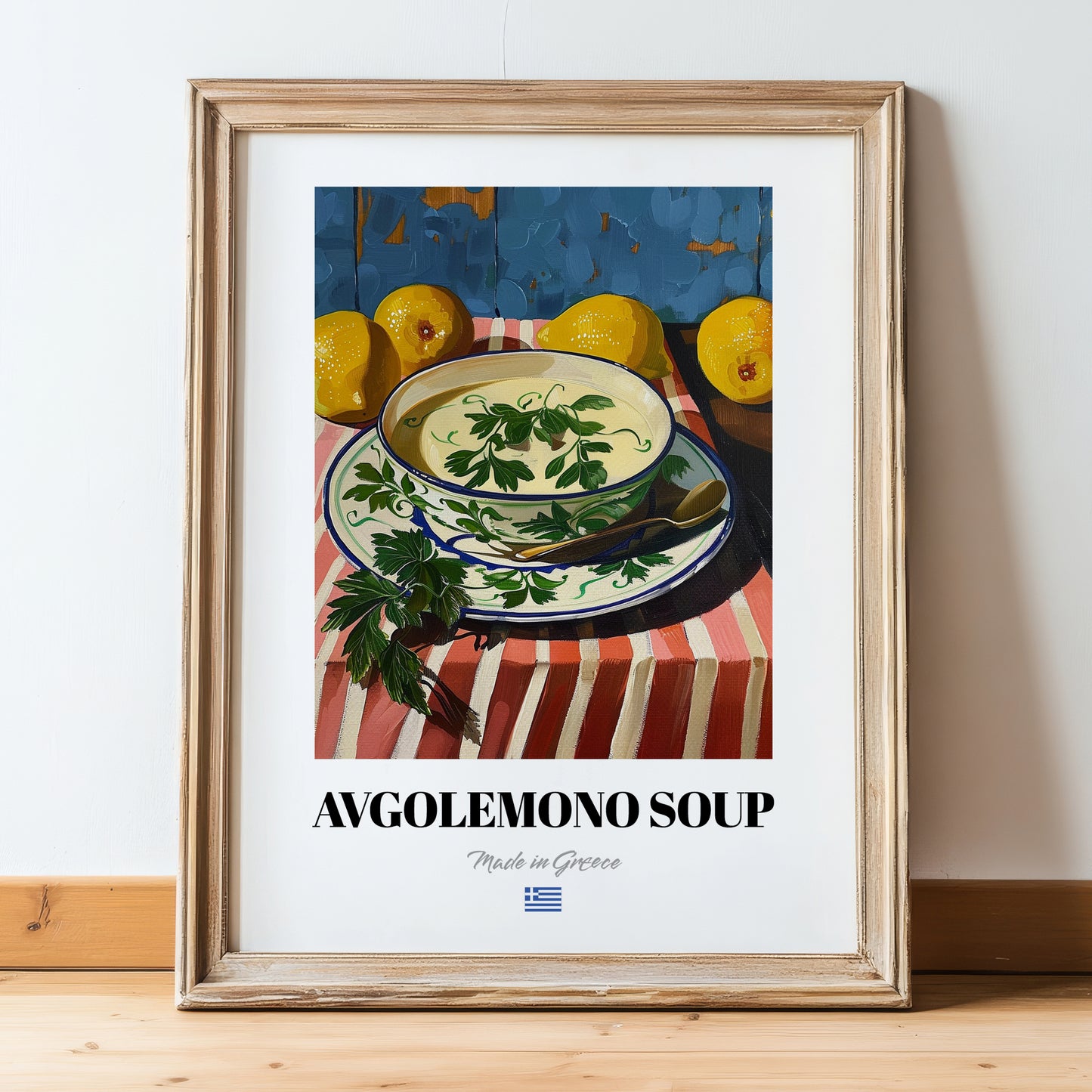 Avgolemono Soup – Oil Painting, Greek Food Still Life, in wooden frame leaning on the floor