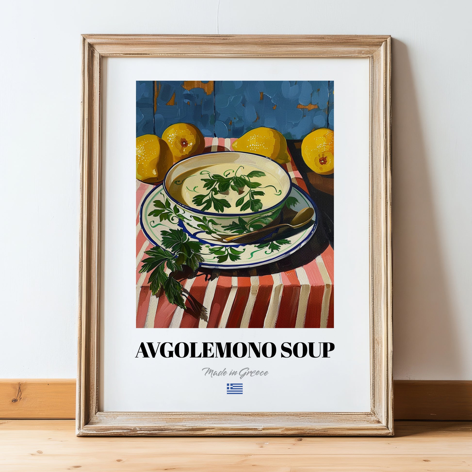 Avgolemono Soup – Oil Painting, Greek Food Still Life, in wooden frame leaning on the floor
