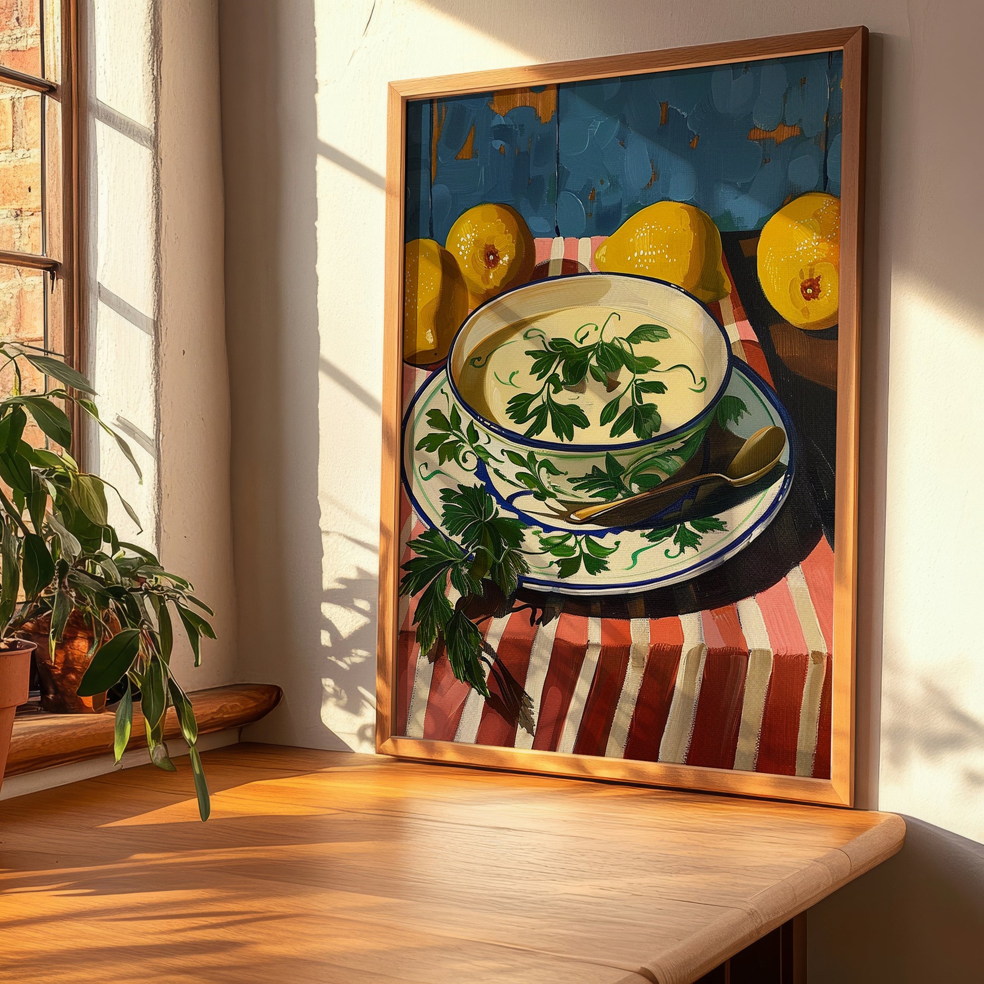 Avgolemono Soup – Oil Painting, Greek Food Still Life, clean layout with no caption