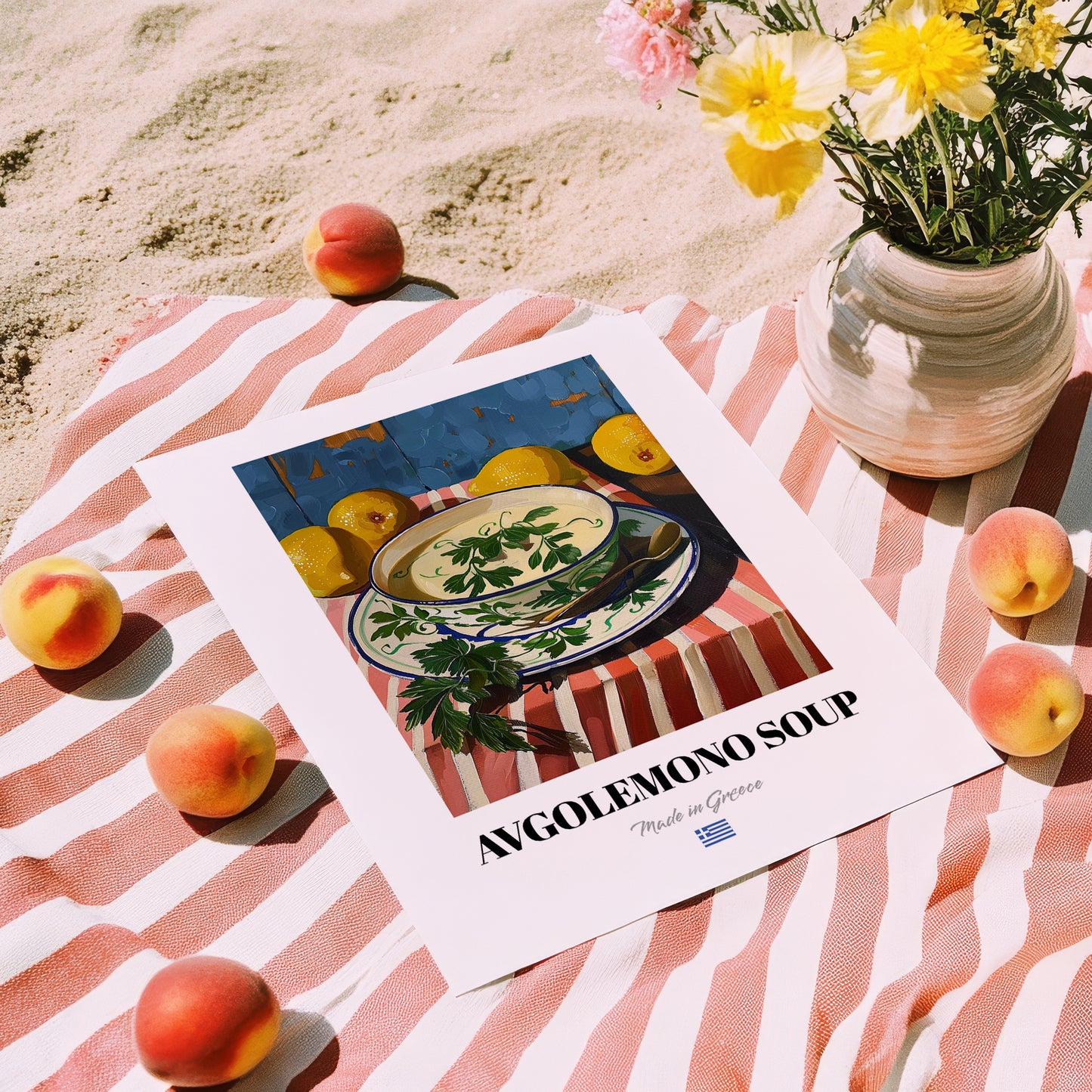 Avgolemono Soup – Oil Painting, Greek Food Still Life, unframed on coastal sand