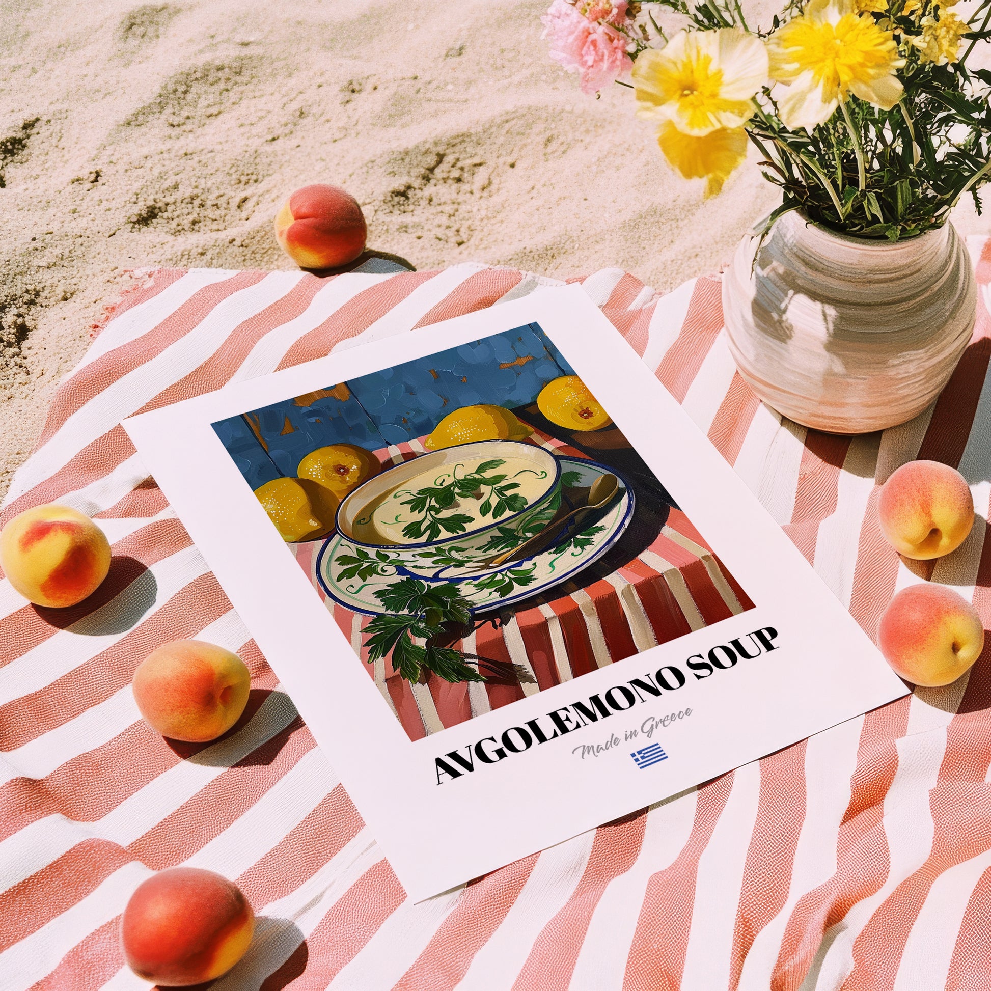 Avgolemono Soup – Oil Painting, Greek Food Still Life, unframed on coastal sand