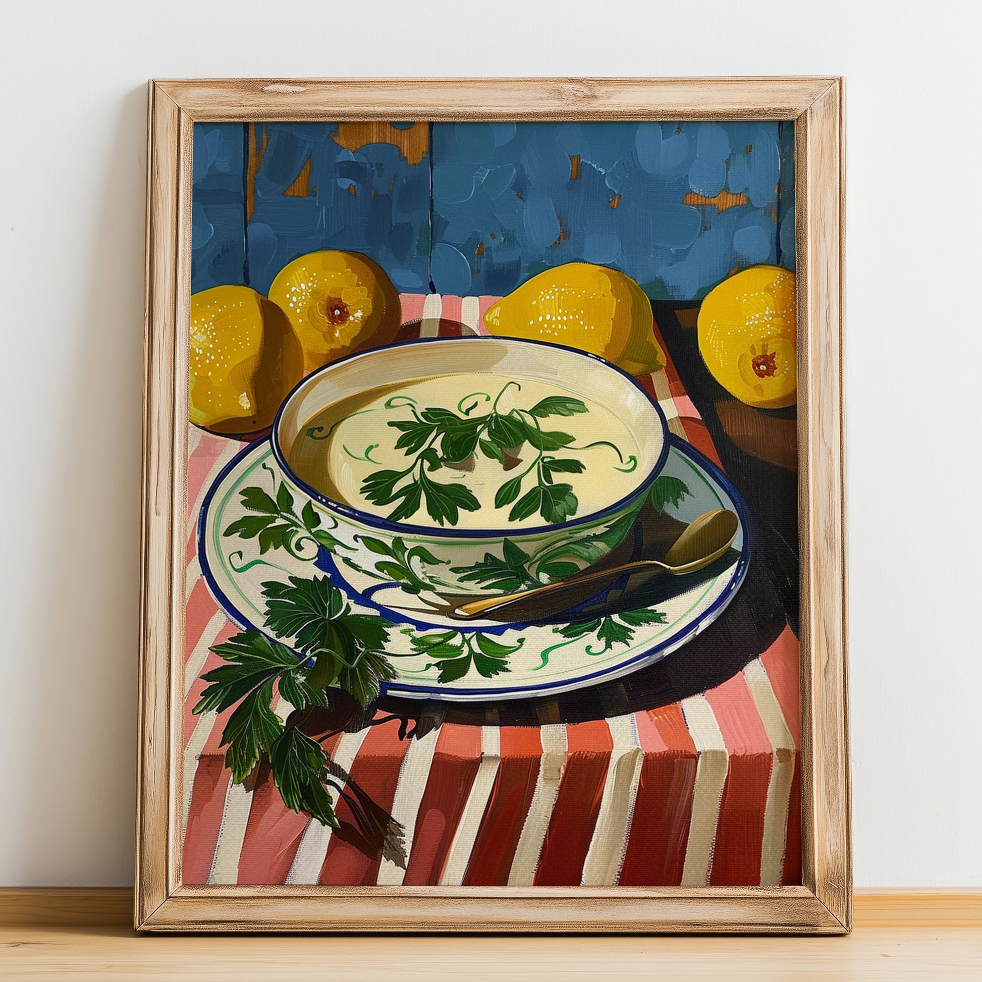 Avgolemono Soup – Oil Painting, Greek Food Still Life, no-text version framed in wood