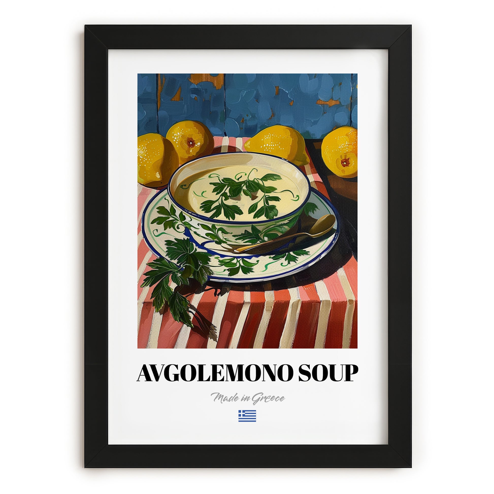 Avgolemono Soup – Oil Painting, Greek Food Still Life, in sleek black frame