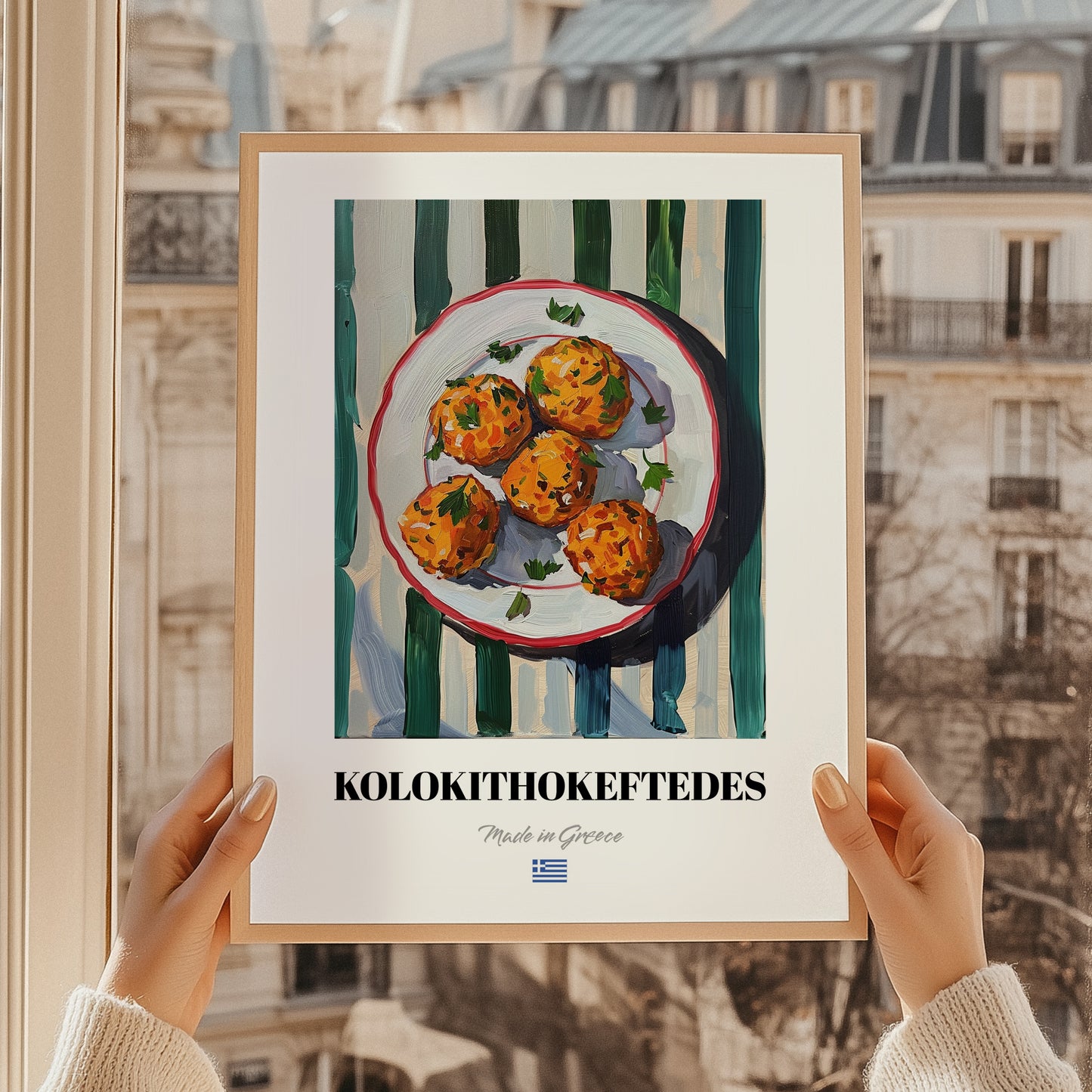 Kolokithokeftedes – on Striped Tablecloth, Greek Food Illustration, styled in a charming Paris street view